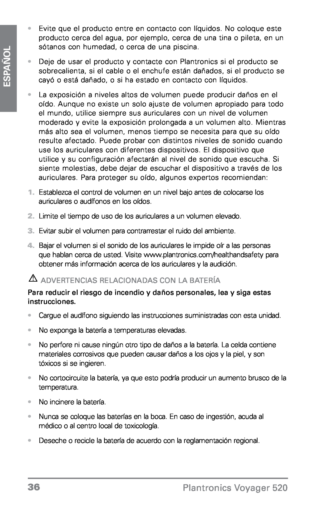 Plantronics 520 manual Advertencias Relacionadas Con La Batería, Español, Plantronics Voyager 