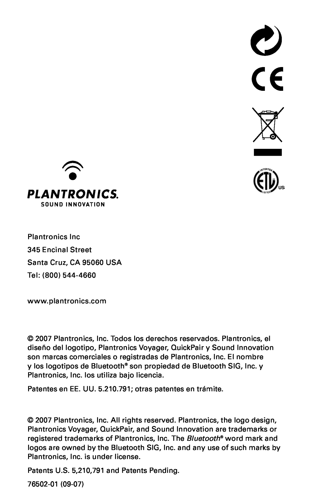 Plantronics 520 manual Plantronics Inc 345 Encinal Street, Santa Cruz, CA 95060 USA Tel: 800, 76502-01 
