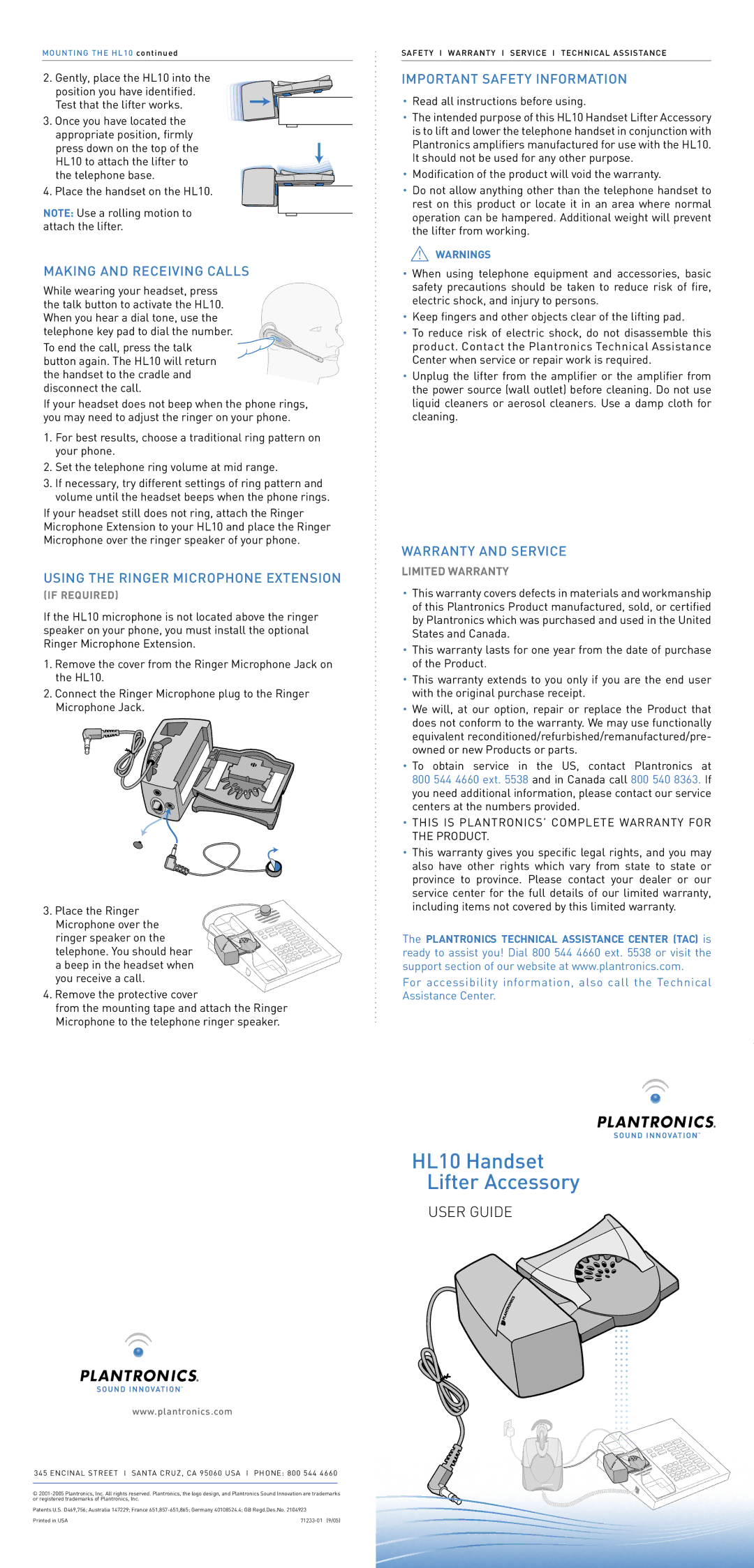 Plantronics 6096135 warranty Making and Receiving Calls, Using the Ringer Microphone Extension, Warranty and Service 