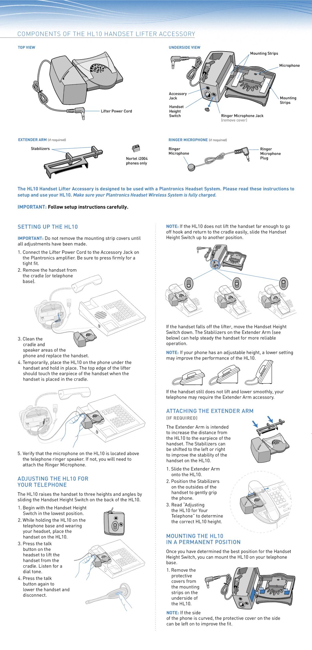 Plantronics 6096135 warranty Setting UP the HL10, Adjusting the HL10 for Your Telephone, Attaching the Extender ARM 