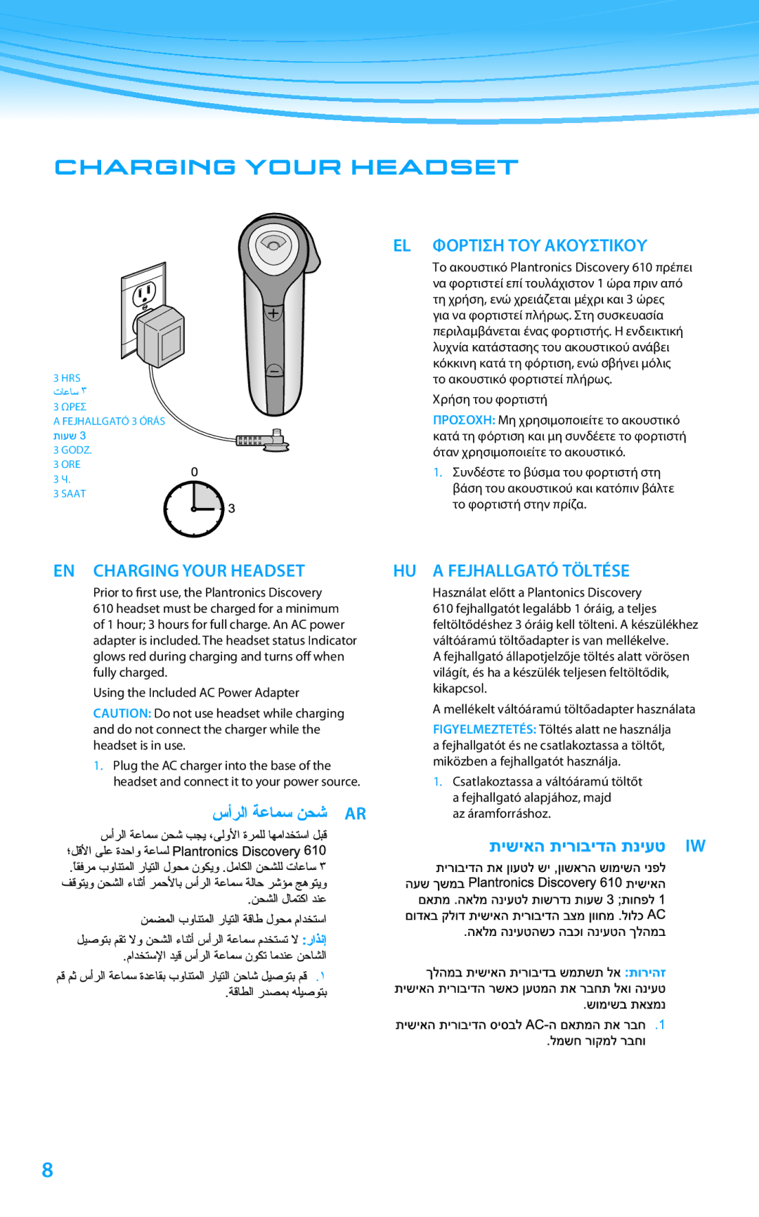 Plantronics 610 manual do utilizador EL Φορτιση ΤΟΥ Ακουστικου, EN Charging Your Headset, Χρήση του φορτιστή 