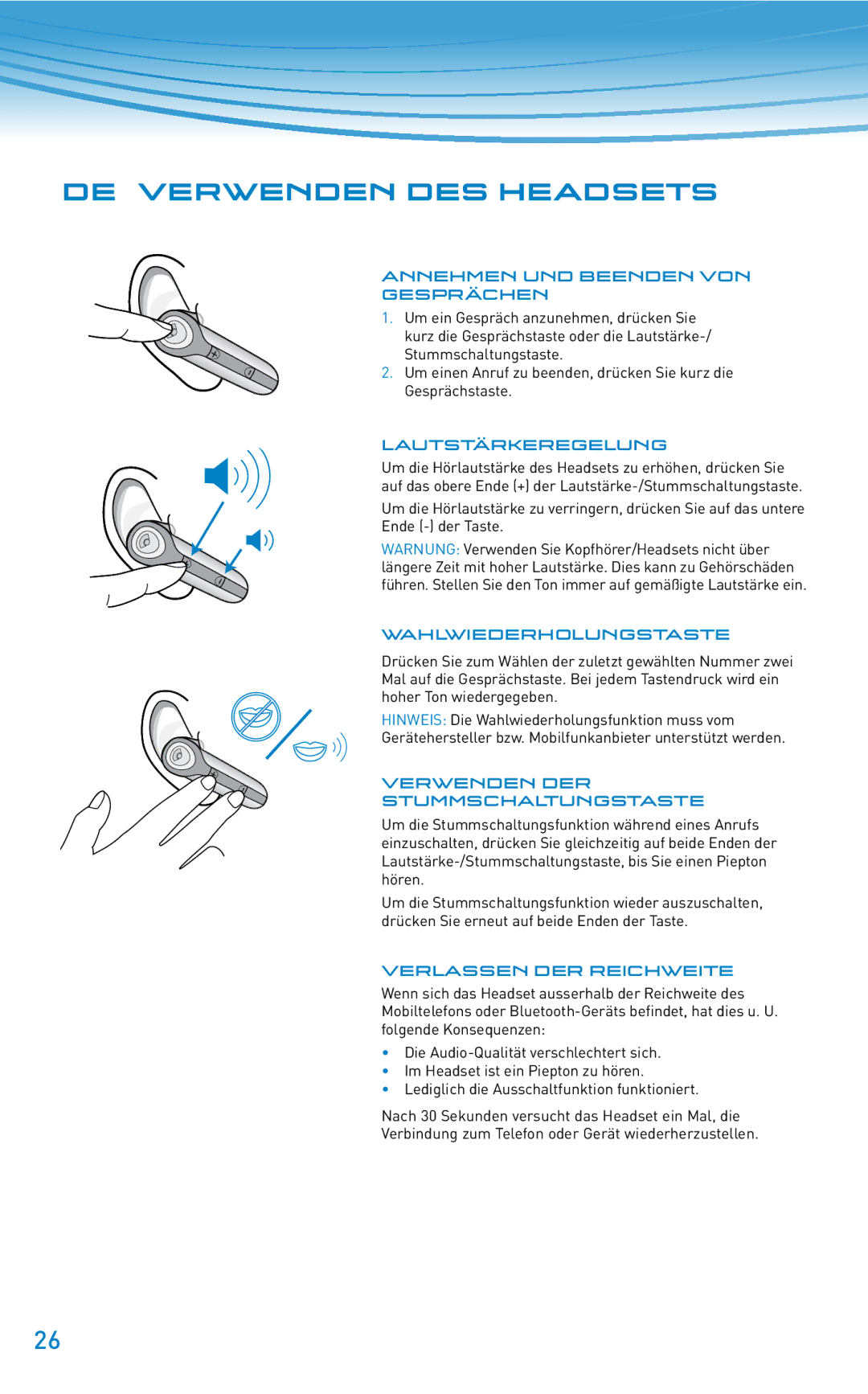 Plantronics 610 manual do utilizador De Verwenden des Headsets 