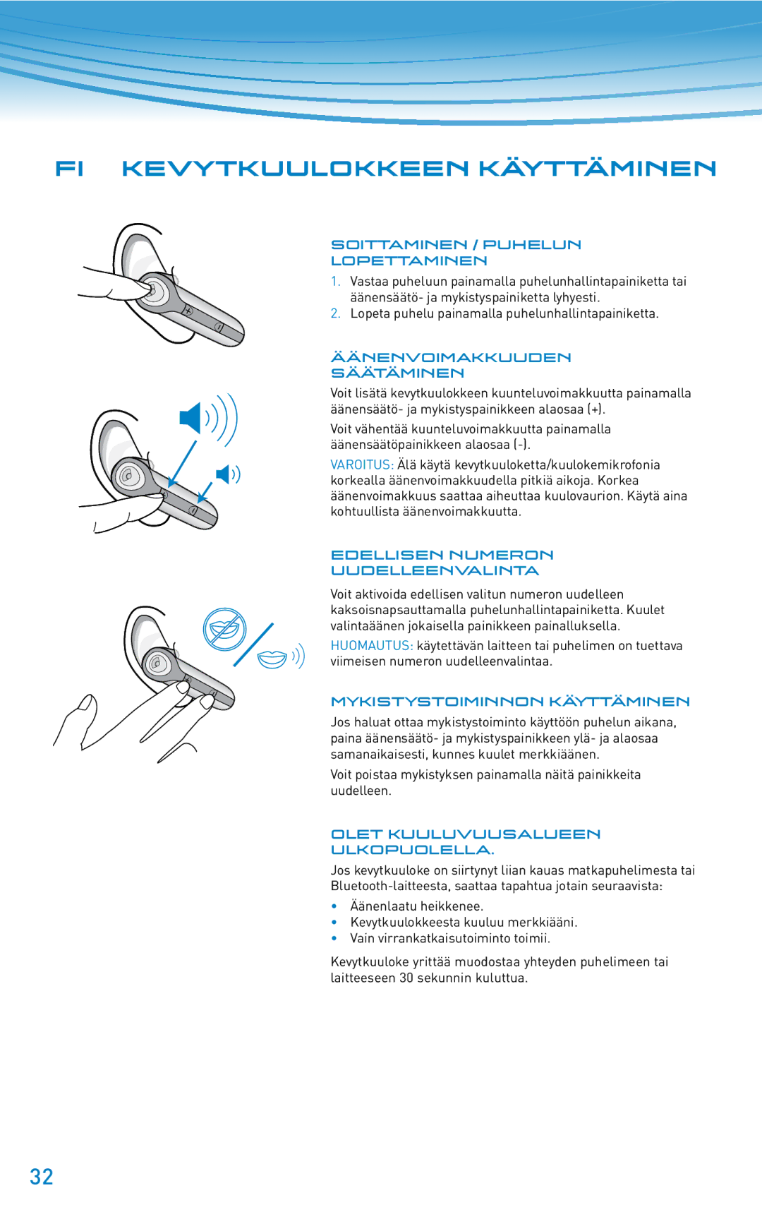 Plantronics 610 manual do utilizador Fi Kevytkuulokkeen käyttäminen 