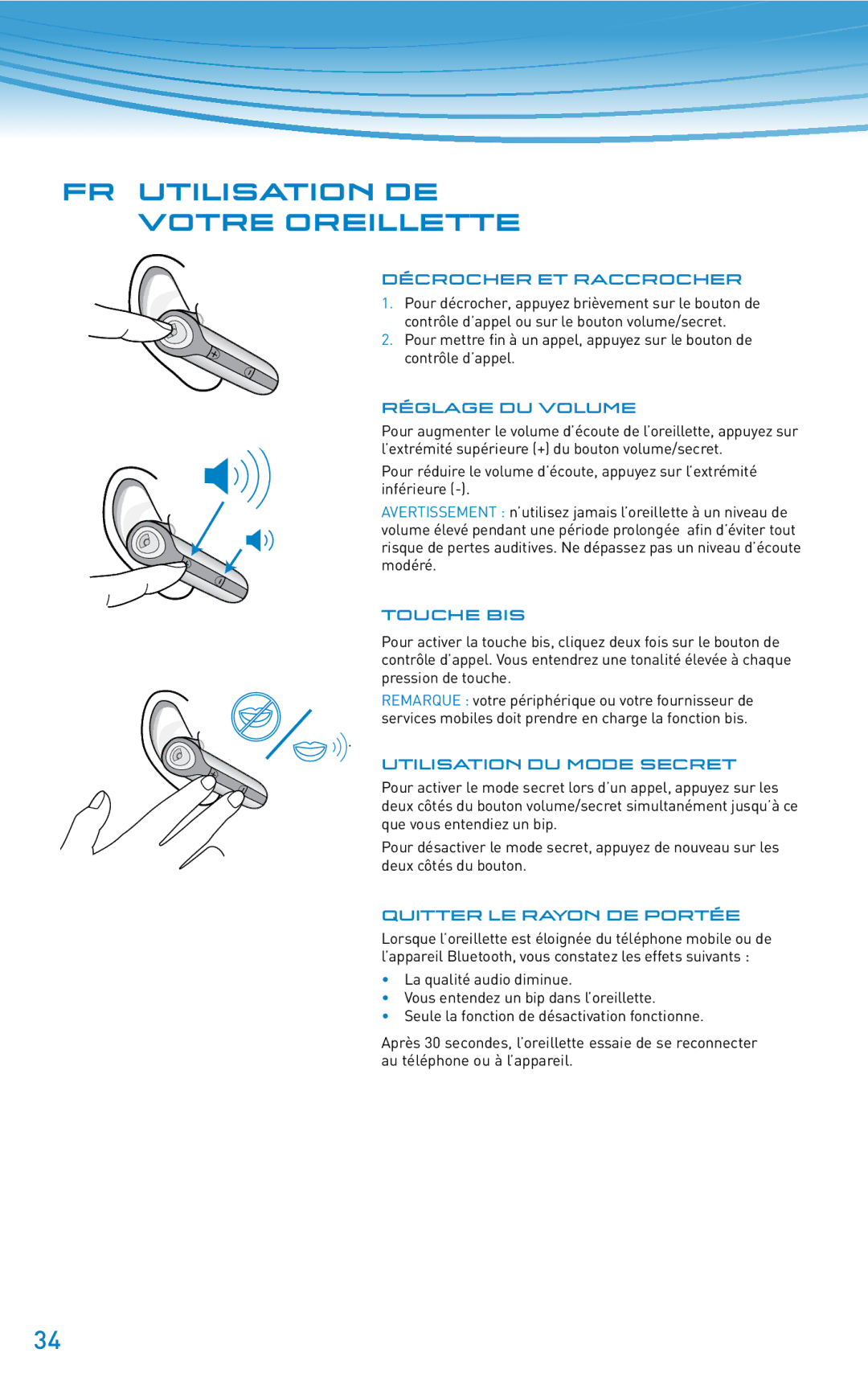 Plantronics 610 manual do utilizador Fr Utilisation de votre oreillette 