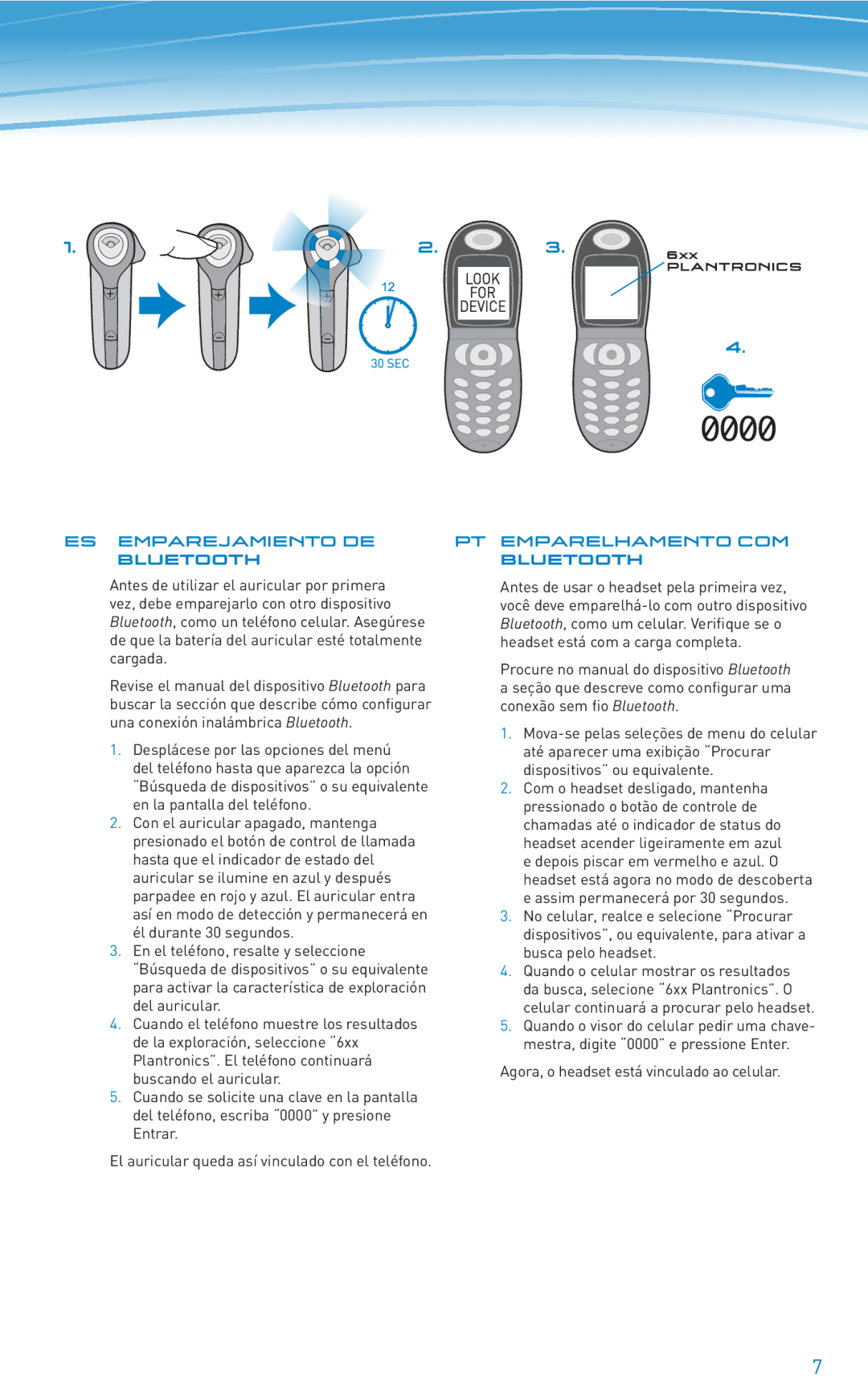 Plantronics 610 manual do utilizador ES Emparejamiento DE, Bluetooth, PT Emparelhamento COM 