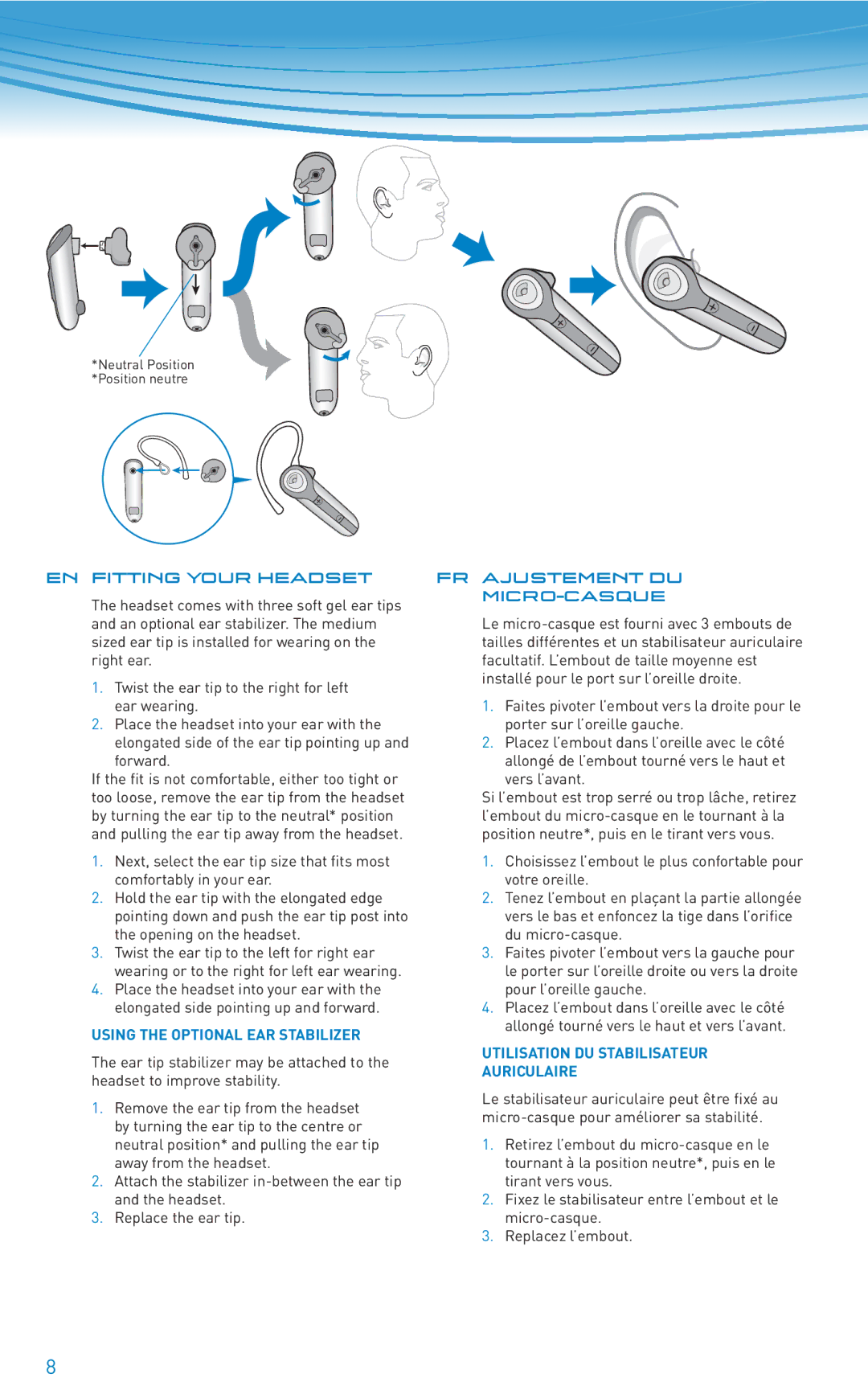 Plantronics 610 FR Ajustement DU, Micro-Casque, Using the Optional EAR Stabilizer, Utilisation DU Stabilisateur 