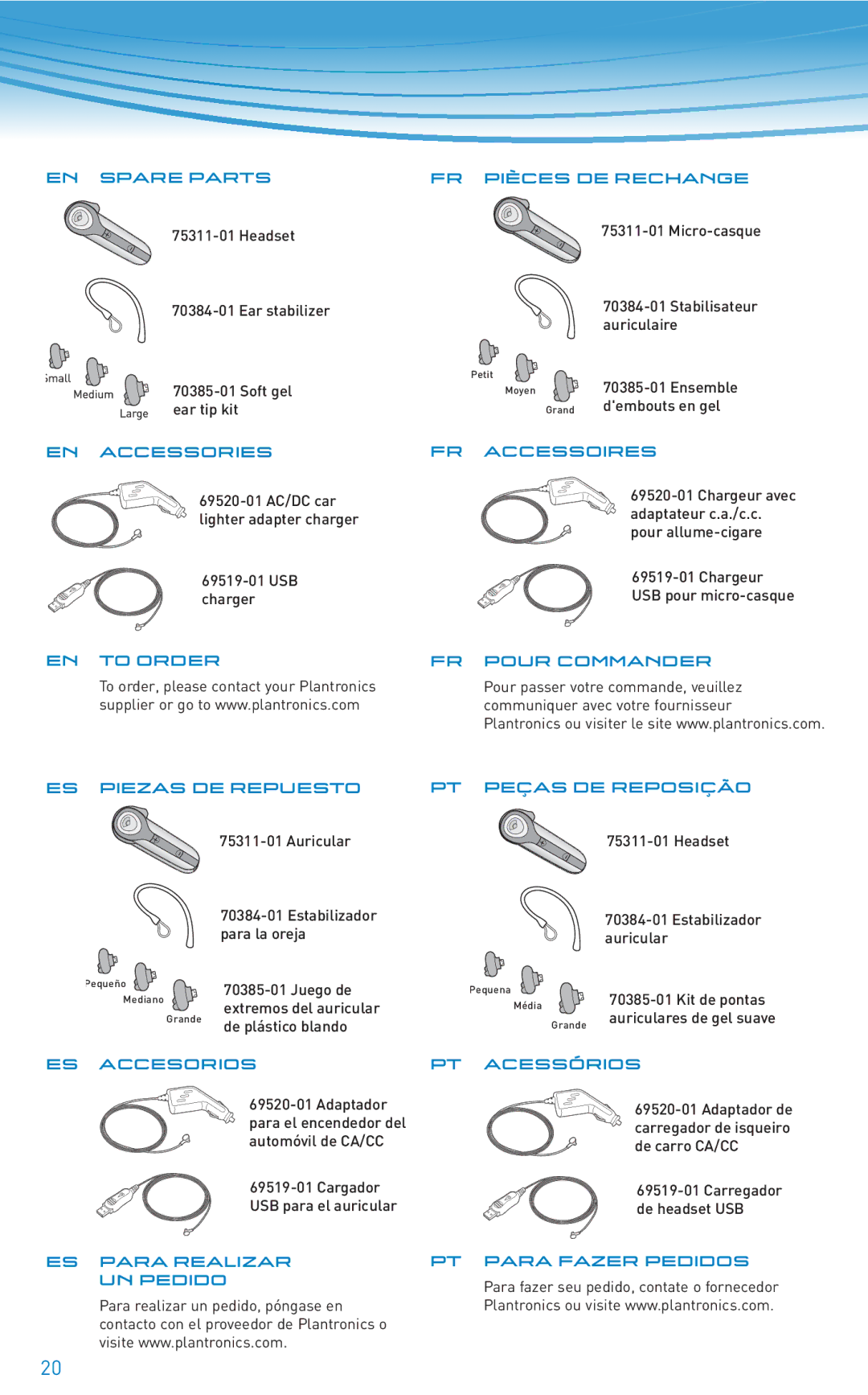 Plantronics 610 EN Spare Parts FR Pièces DE Rechange, EN Accessories, FR Accessoires, ES Accesorios, PT Acessórios 