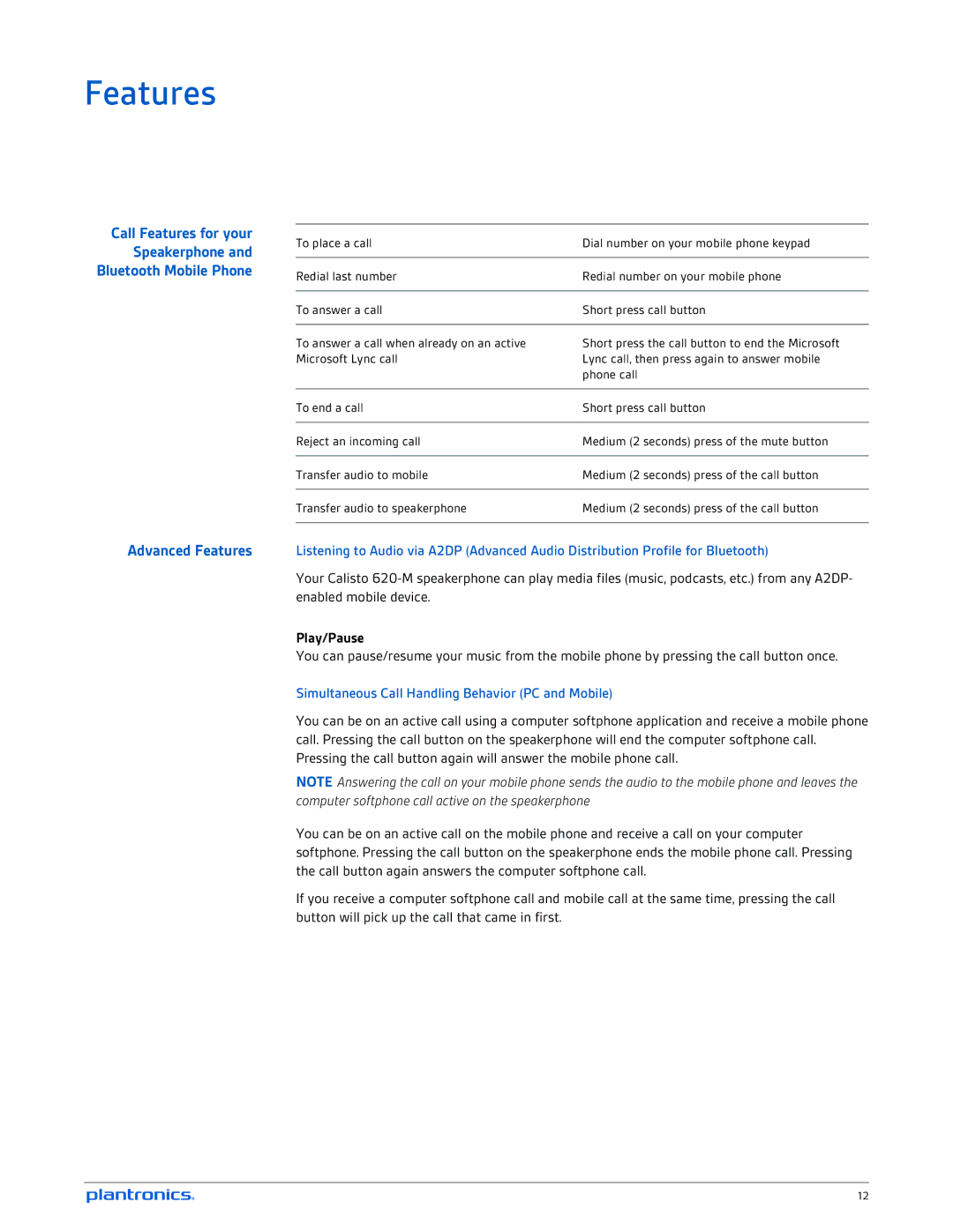 Plantronics 620-M manual Features, Play/Pause 