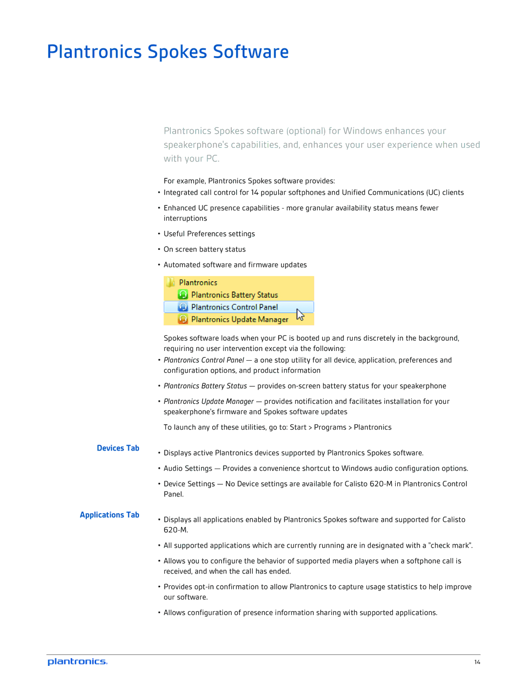 Plantronics 620-M manual Plantronics Spokes Software 