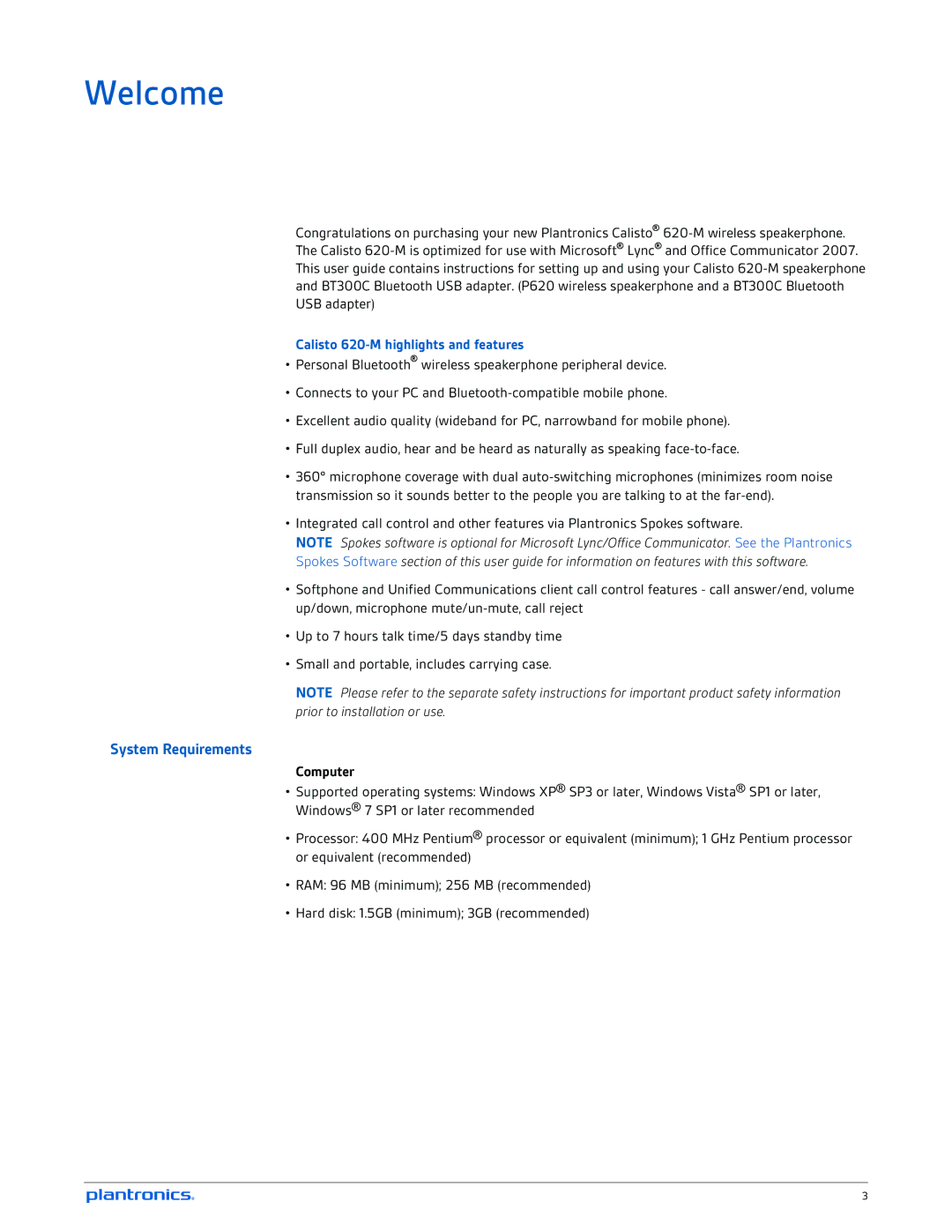 Plantronics manual Welcome, Calisto 620-M highlights and features, Computer 