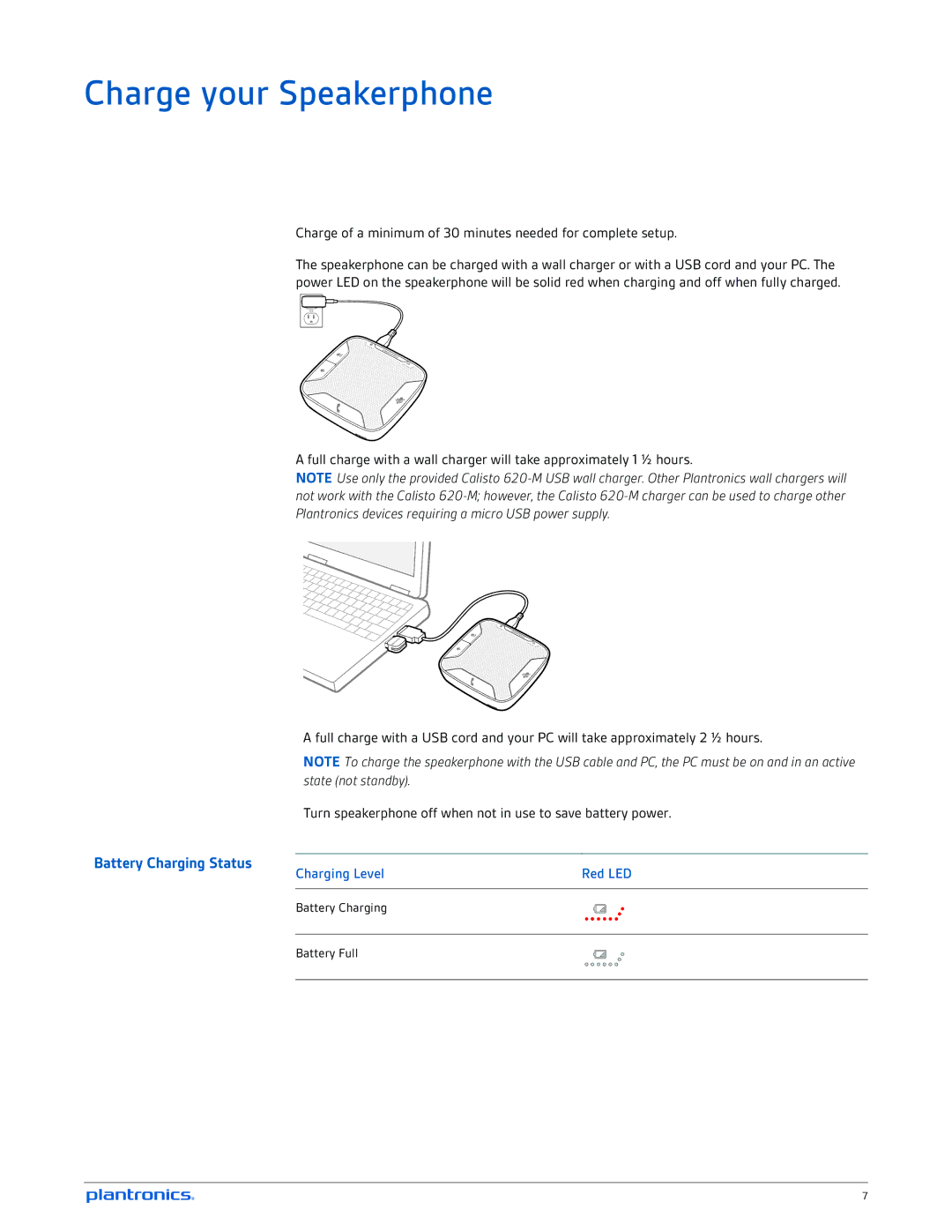 Plantronics 620-M manual Charge your Speakerphone, Charge of a minimum of 30 minutes needed for complete setup 