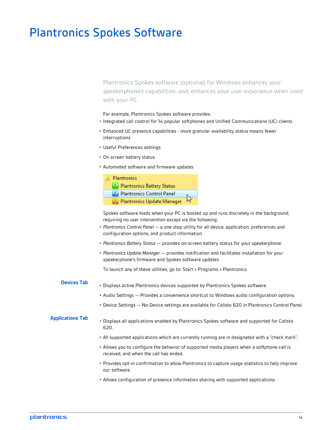 Plantronics 620 manual Plantronics Spokes Software, Devices Tab Applications Tab 