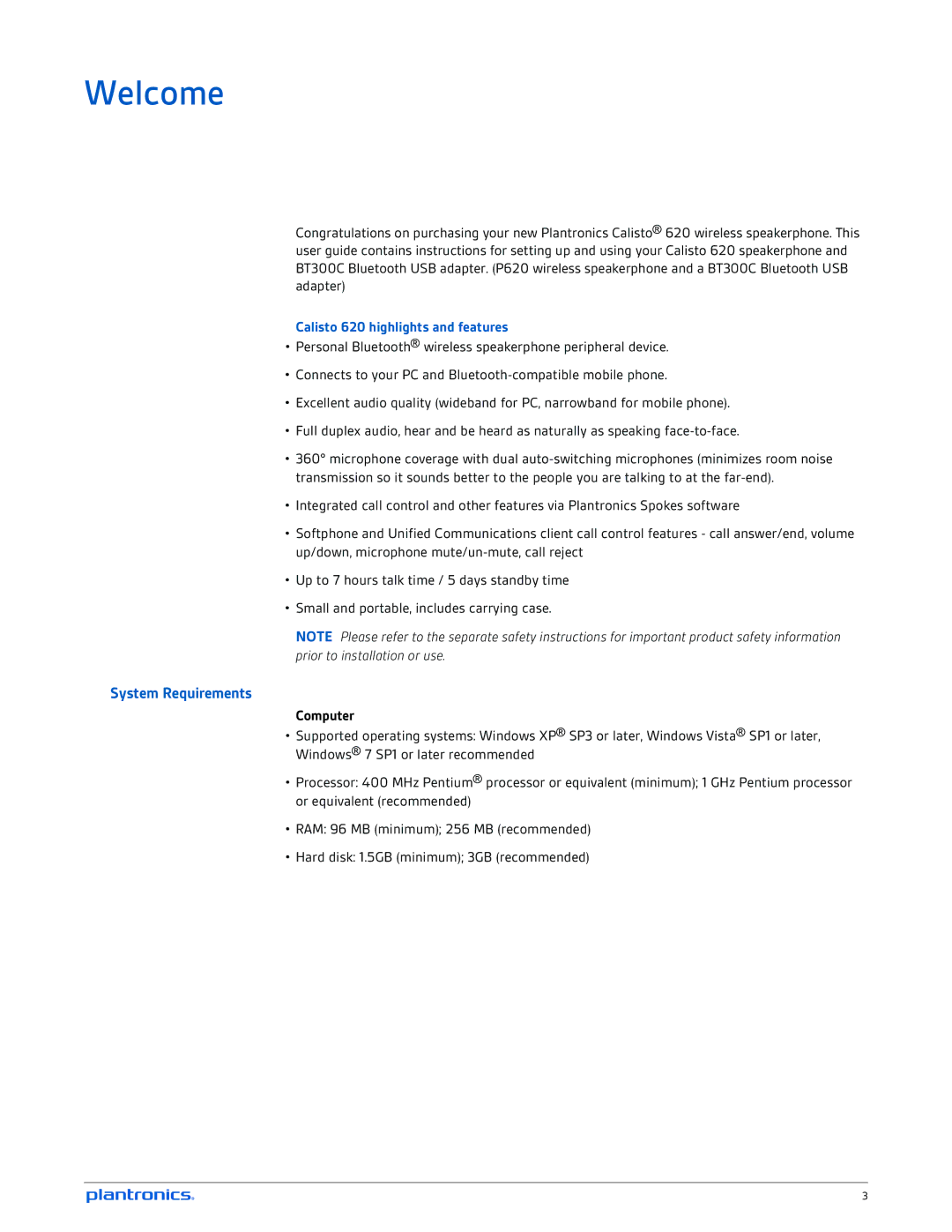 Plantronics manual Welcome, System Requirements, Calisto 620 highlights and features, Computer 