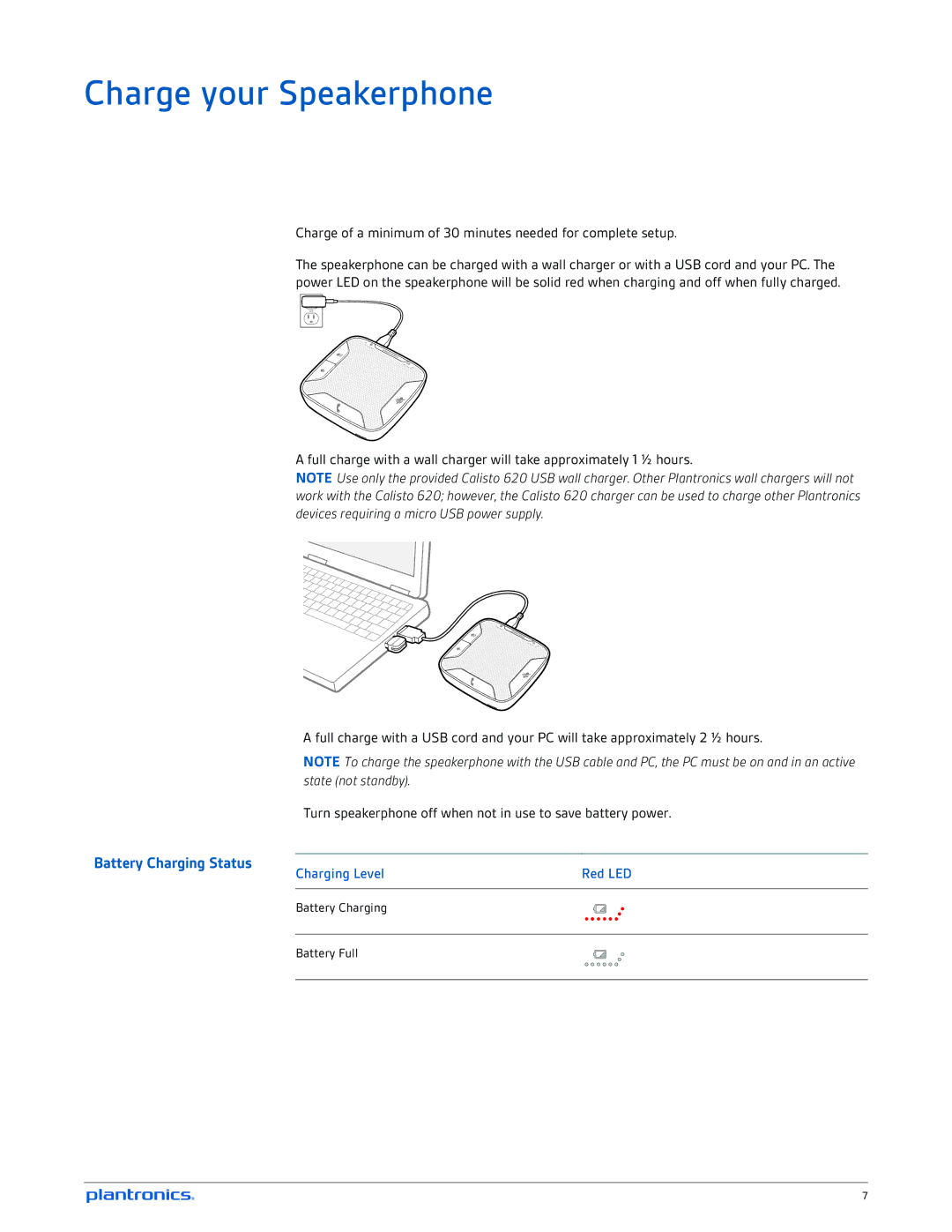 Plantronics 620 manual Charge your Speakerphone, Battery Charging Status 