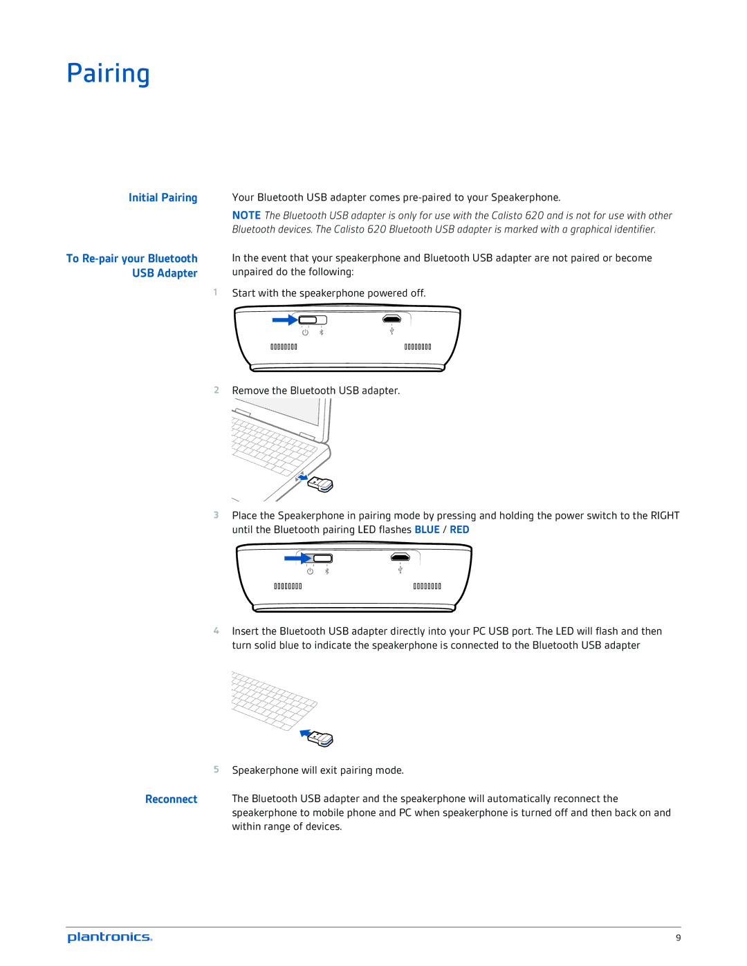 Plantronics 620 manual Initial Pairing, USB Adapter 