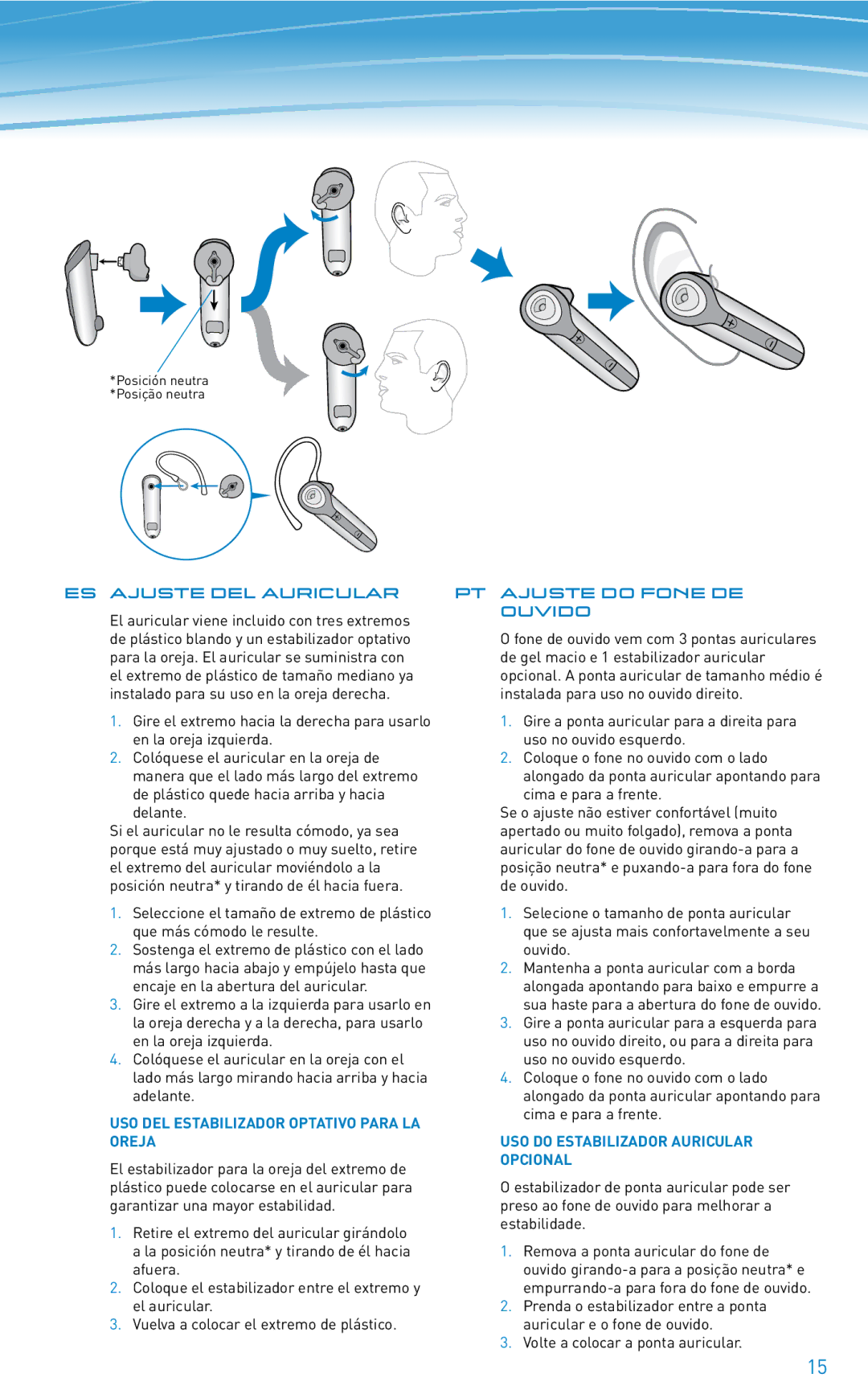 Plantronics 640E manual ES Ajuste DEL Auricular PT Ajuste do Fone DE, Ouvido 