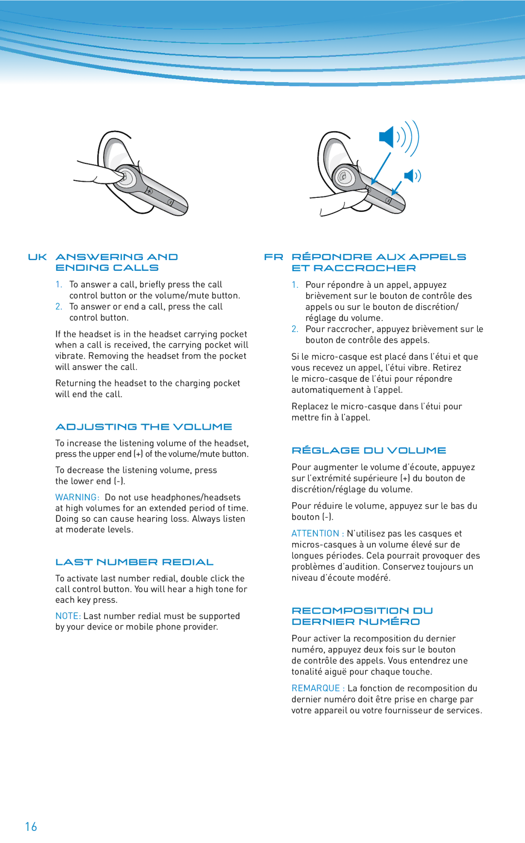 Plantronics 640E manual FR Répondre AUX Appels, ET Raccrocher, Réglage DU Volume, Recomposition DU Dernier Numéro 