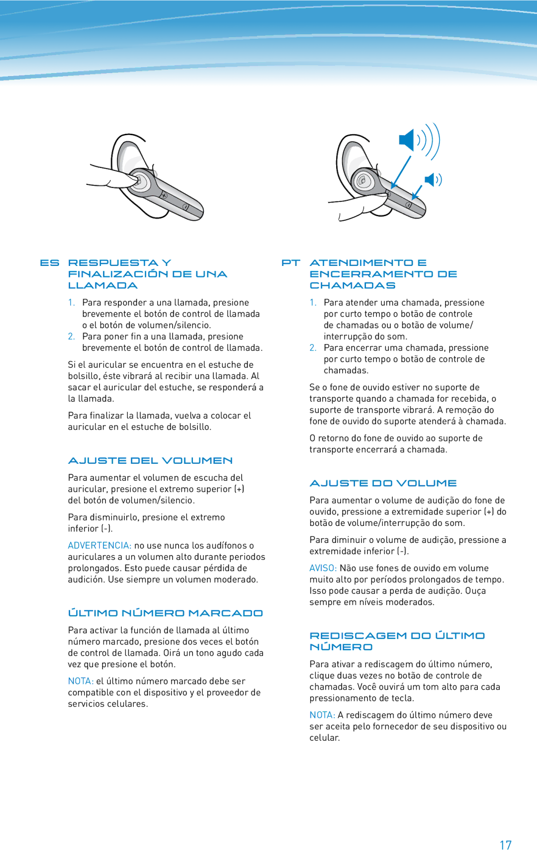 Plantronics 640E manual Ajuste DEL Volumen, Último Número Marcado, Ajuste do Volume, Rediscagem do Último Número 