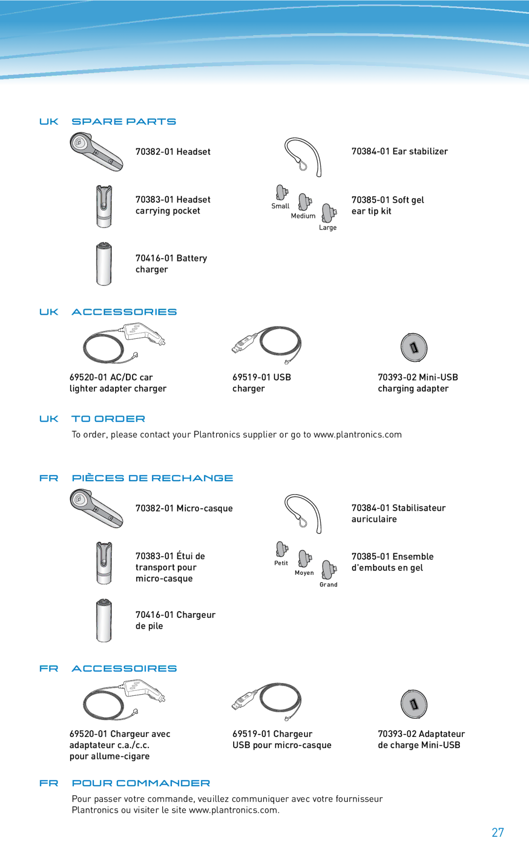 Plantronics 640E manual UK Spare Parts, UK Accessories, FR Pièces DE Rechange, FR Accessoires 