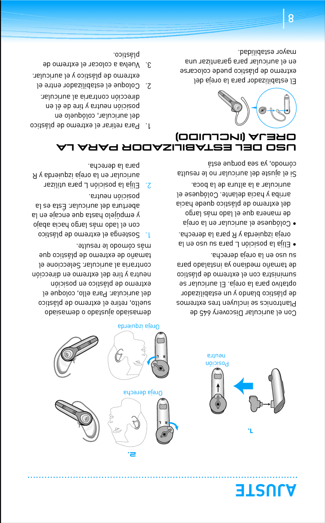 Plantronics 645 manual Ajuste, Incluido Oreja, LA Para Estabilizador DEL USO, Plástico 