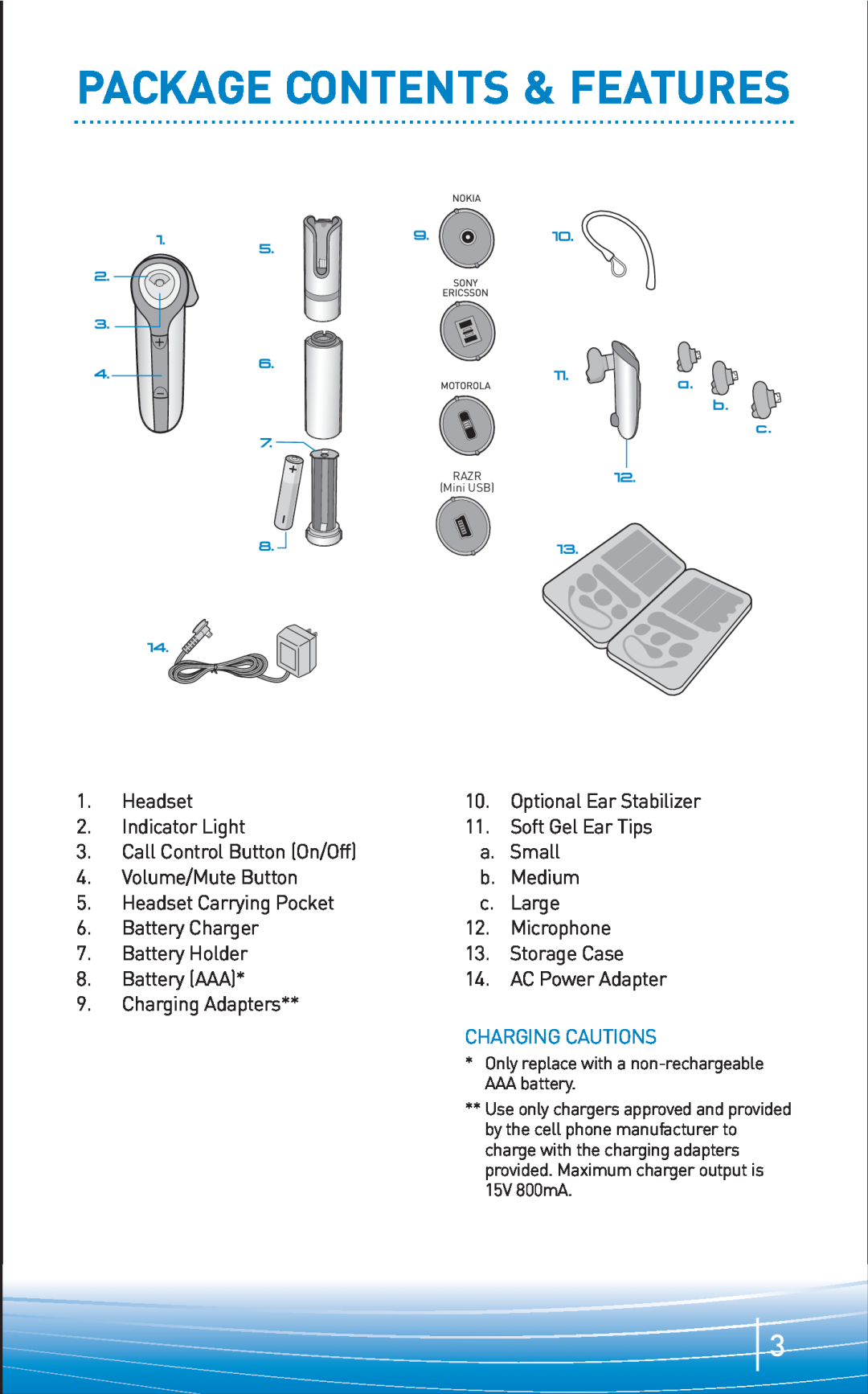 Plantronics 645 manual Package Contents & Features, Charging Cautions 
