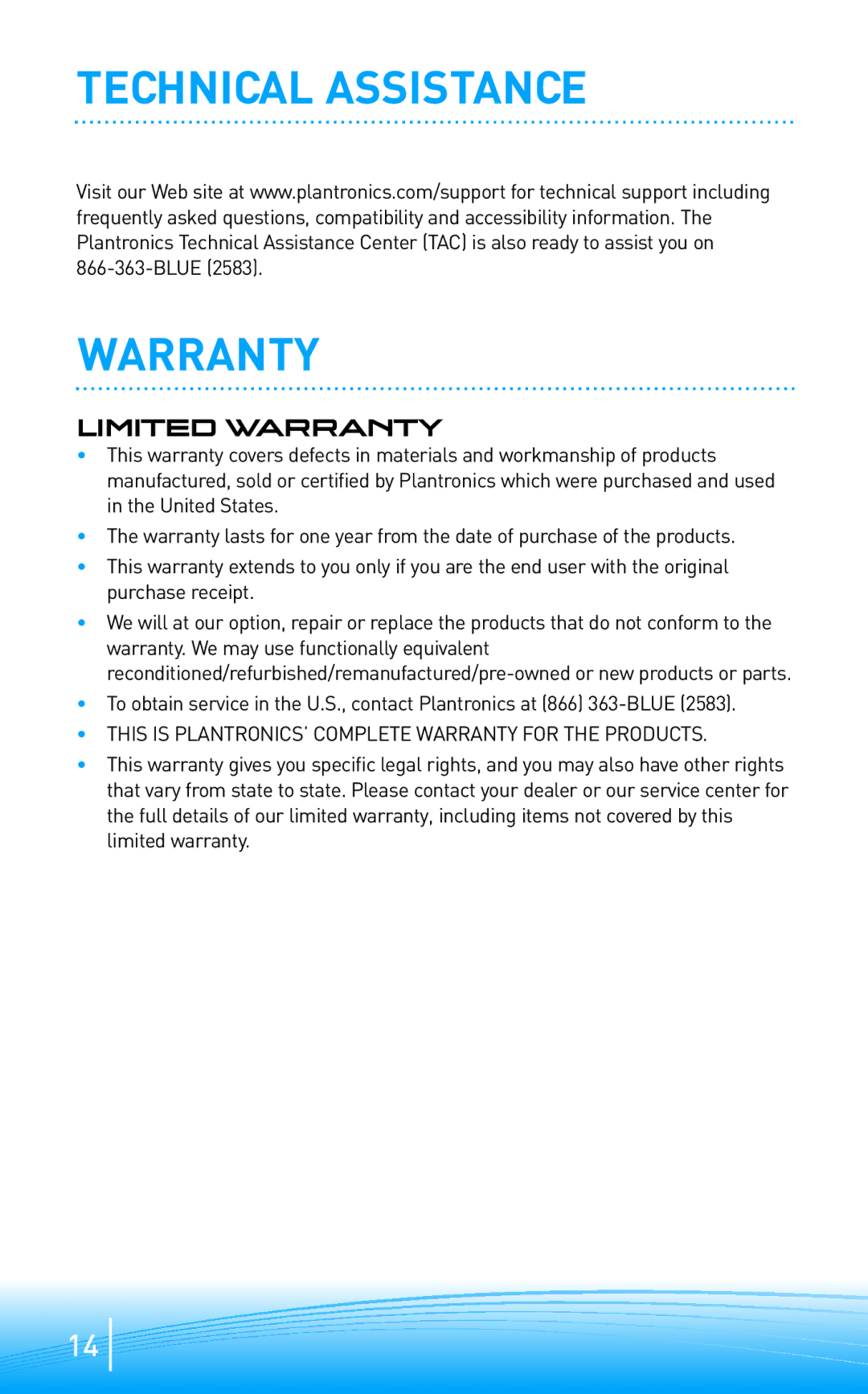 Plantronics 655, 665 manual Technical Assistance Warranty, Limited Warranty 