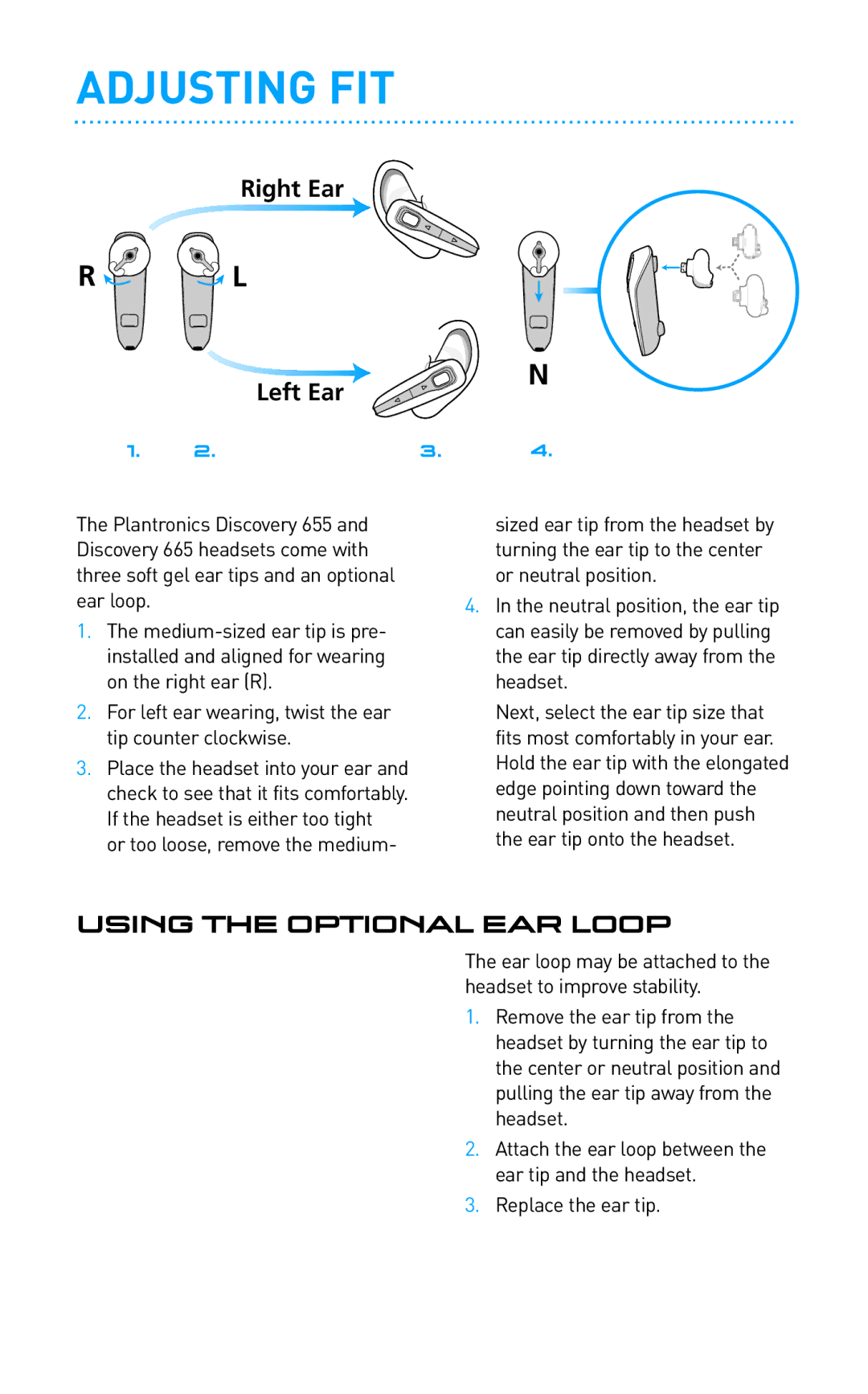 Plantronics 655, 665 manual Adjusting FIT, Using the Optional EAR Loop 