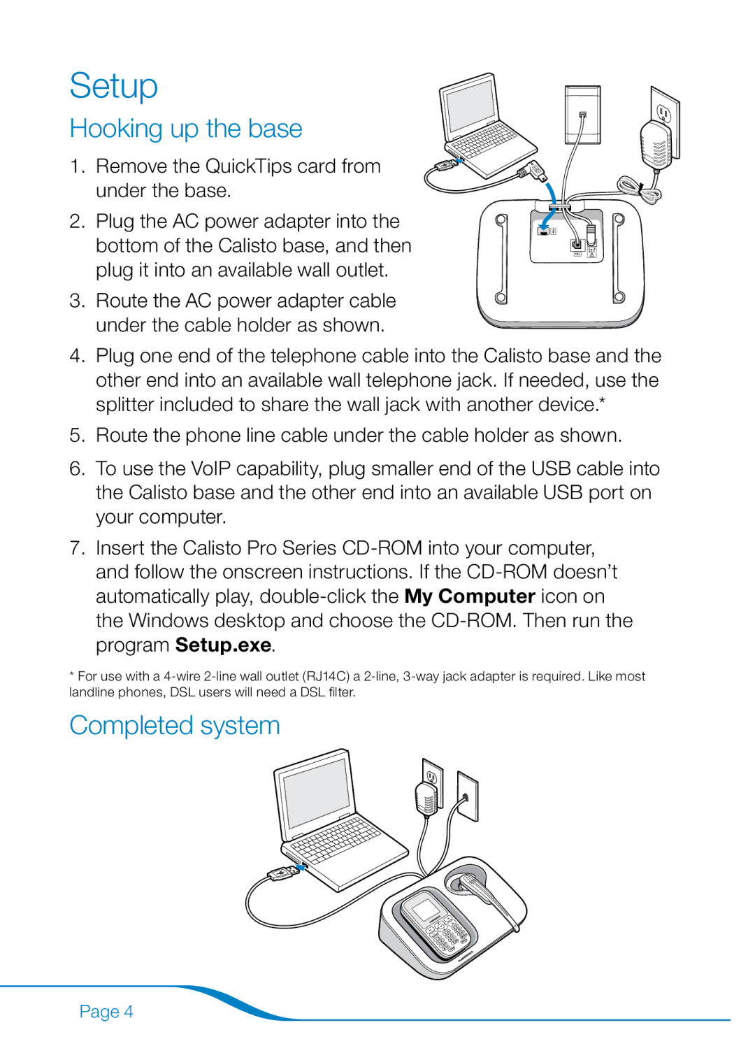 Plantronics 655 manual Setup, Hooking up the base, Completed system 