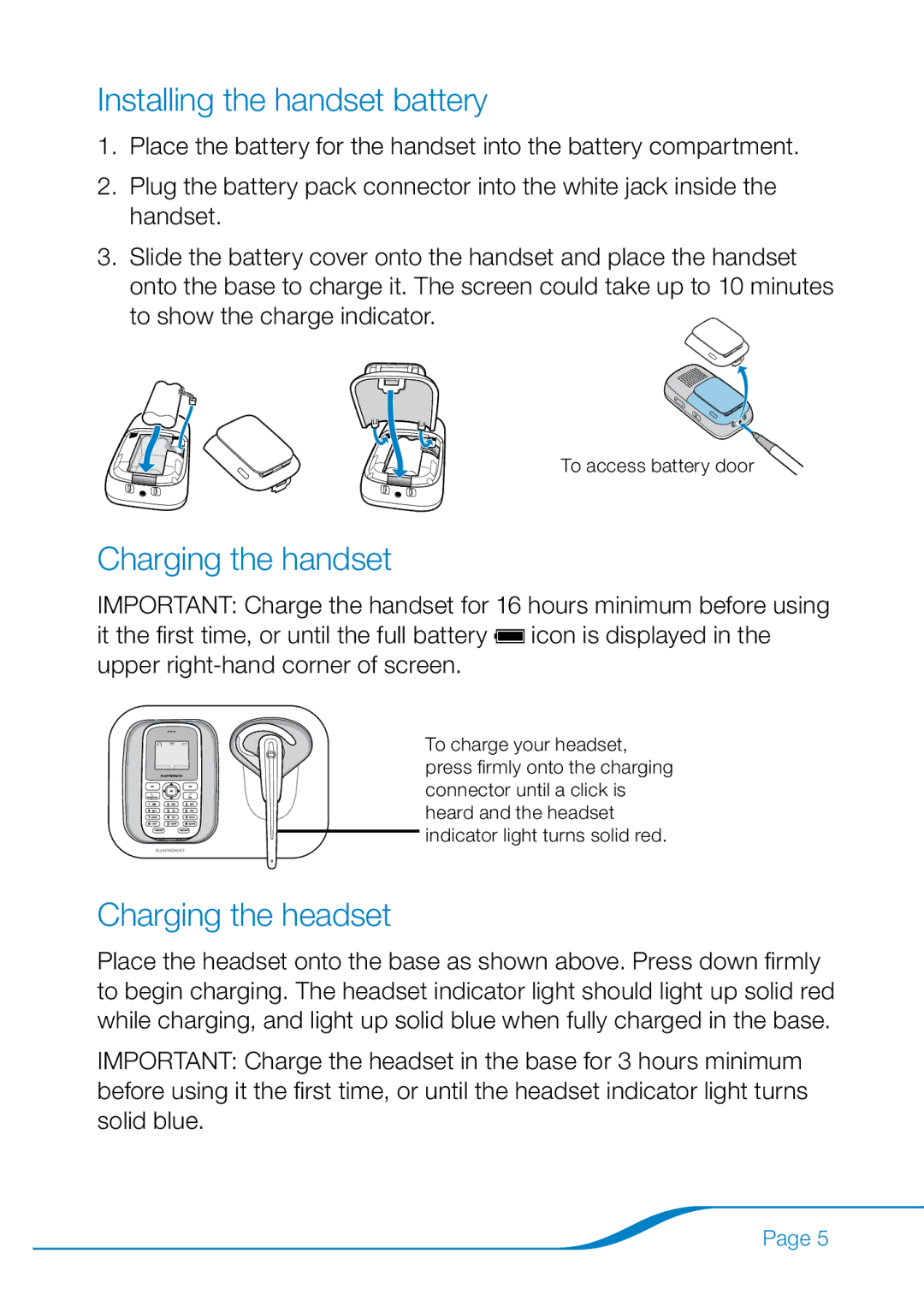 Plantronics 655 manual Installing the handset battery, Charging the handset, Charging the headset 