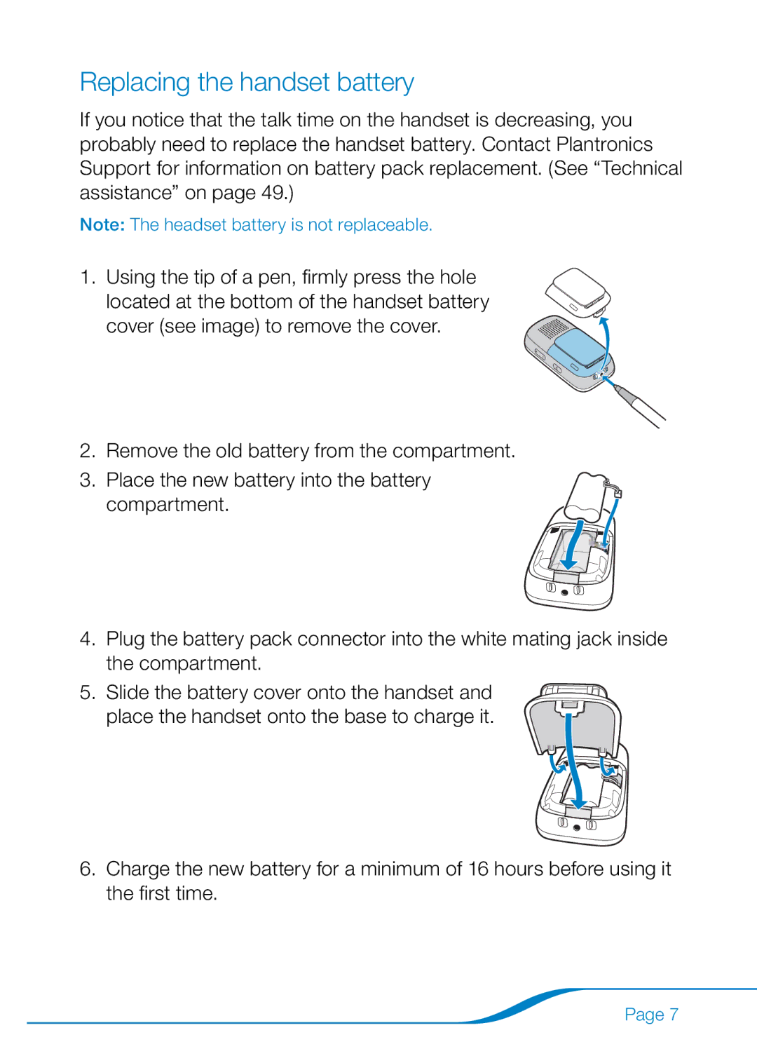 Plantronics 655 manual Replacing the handset battery 