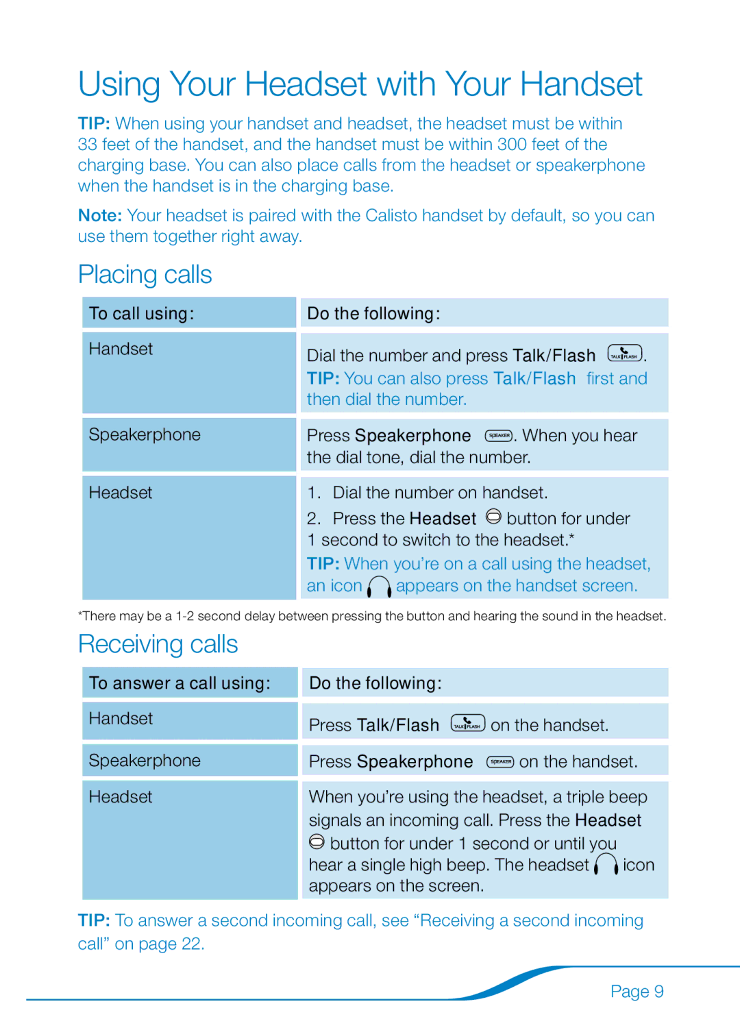 Plantronics 655 manual Using Your Headset with Your Handset, Placing calls, Receiving calls 