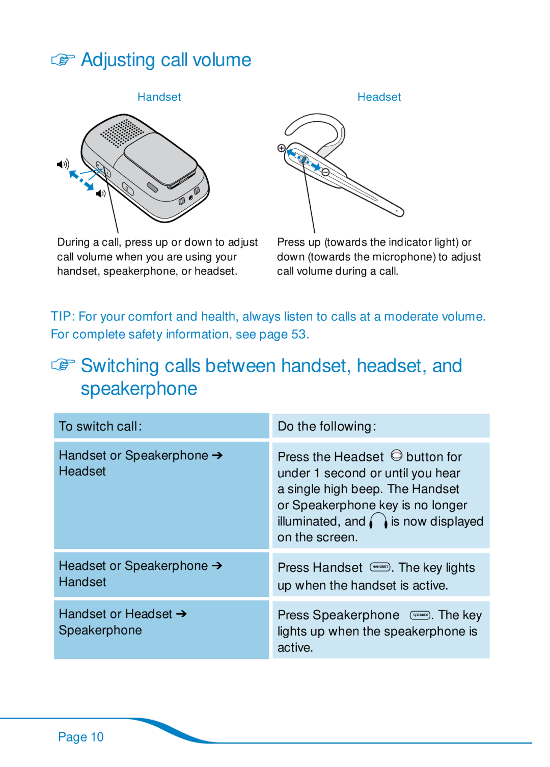 Plantronics 655 manual Adjusting call volume, Switching calls between handset, headset, and speakerphone 