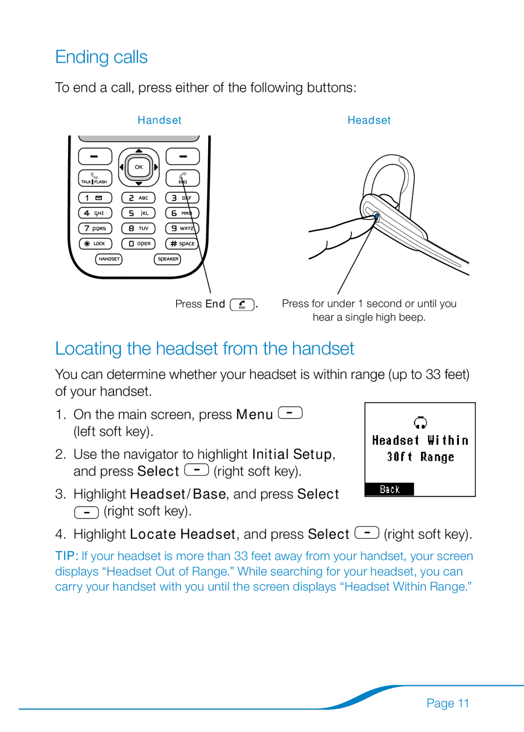 Plantronics 655 manual Ending calls, Locating the headset from the handset 