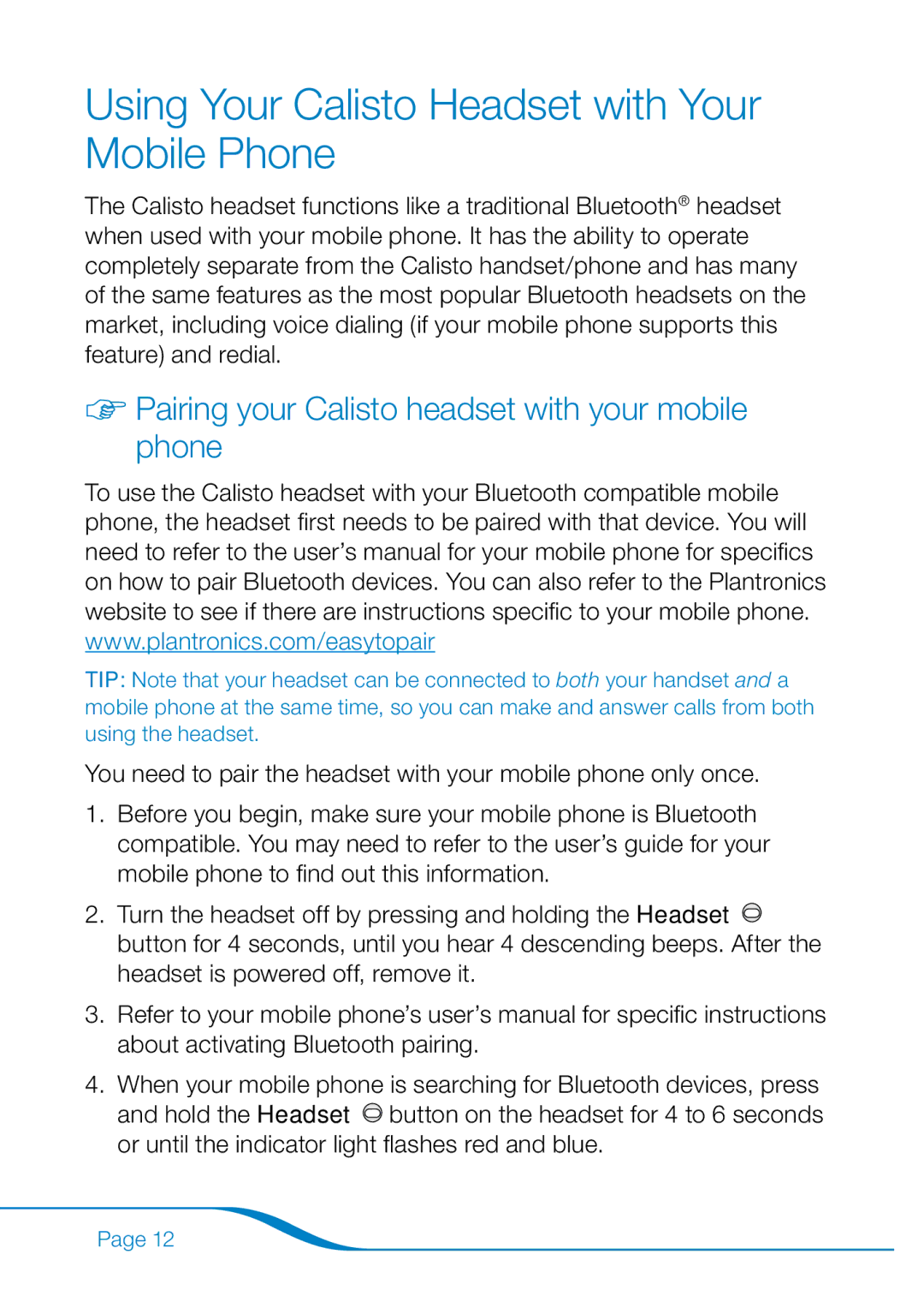 Plantronics 655 Using Your Calisto Headset with Your Mobile Phone, Pairing your Calisto headset with your mobile phone 