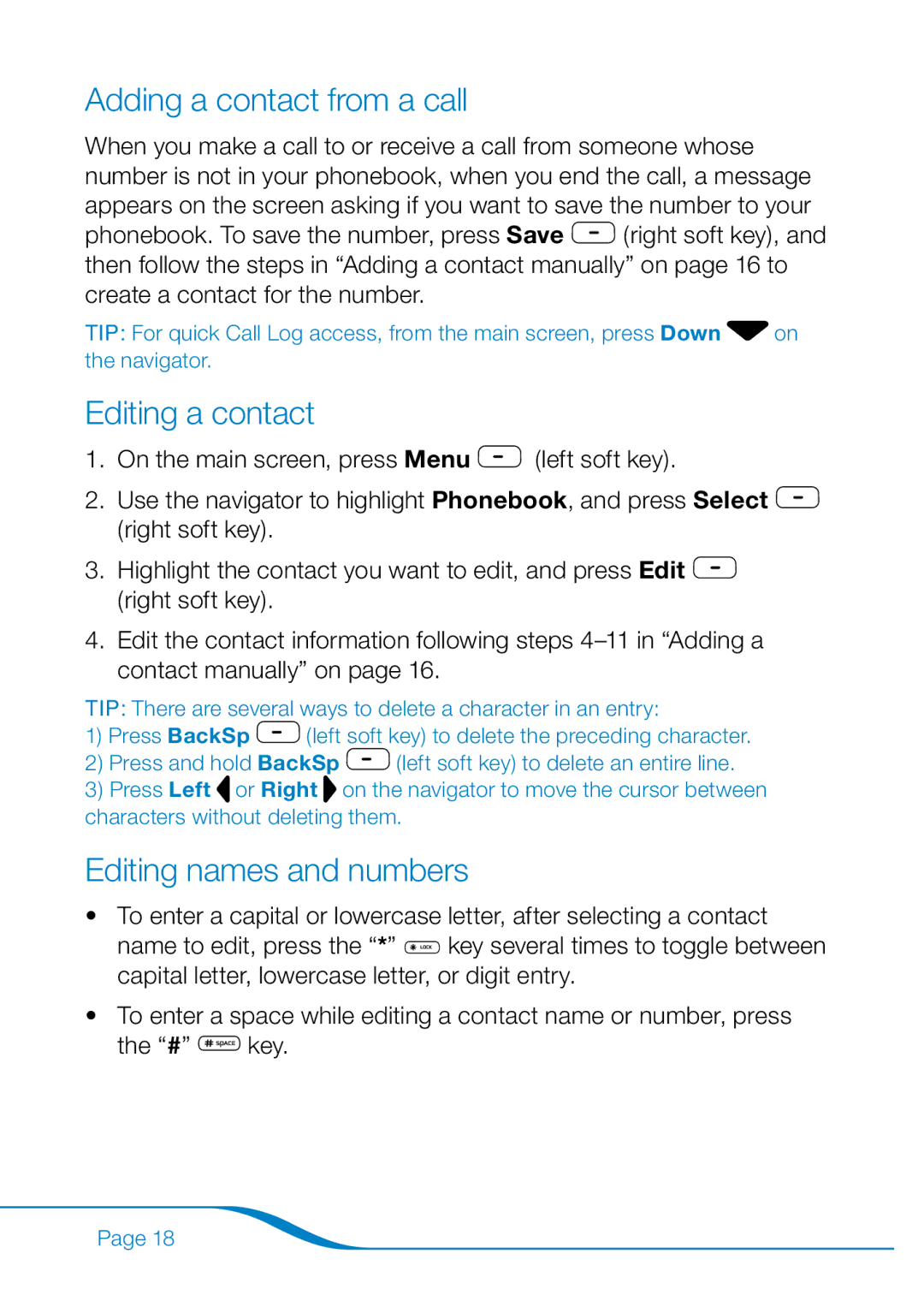 Plantronics 655 manual Adding a contact from a call, Editing a contact, Editing names and numbers 