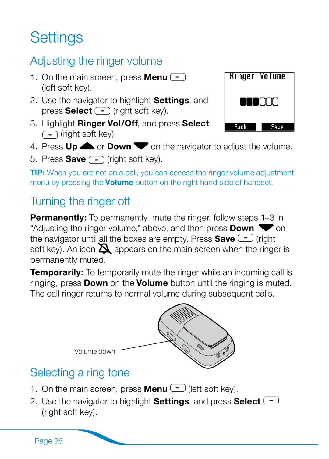 Plantronics 655 manual Settings, Adjusting the ringer volume, Turning the ringer off, Selecting a ring tone 