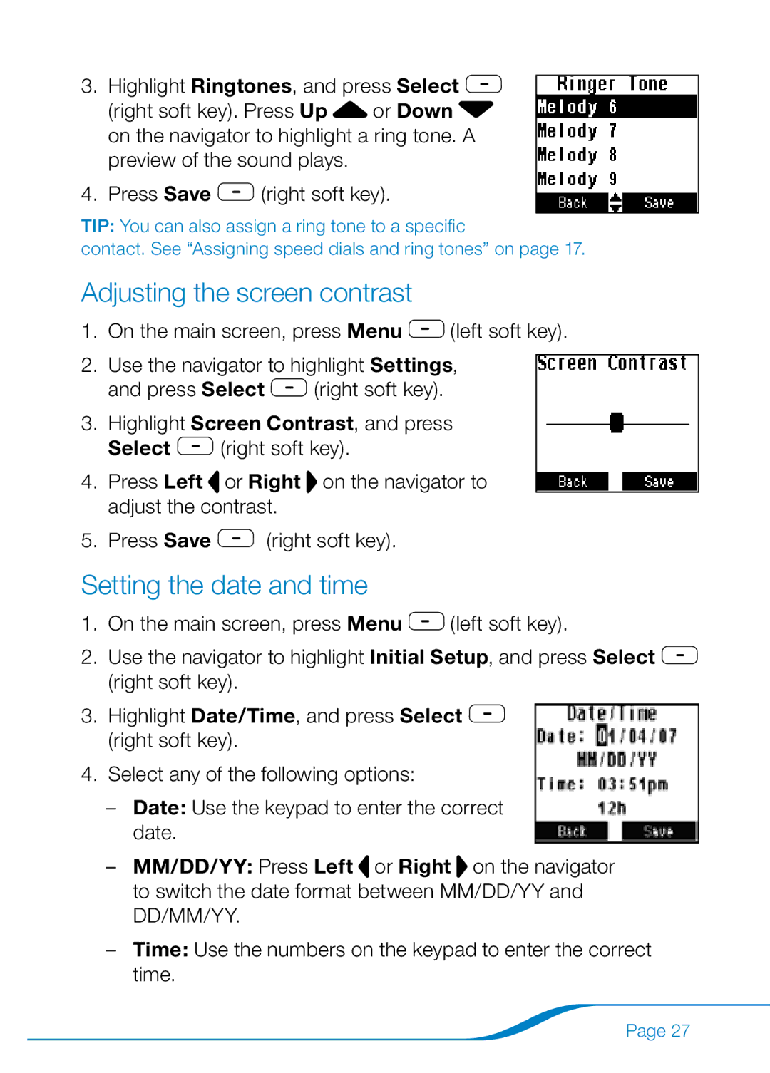 Plantronics 655 manual Adjusting the screen contrast, Setting the date and time 