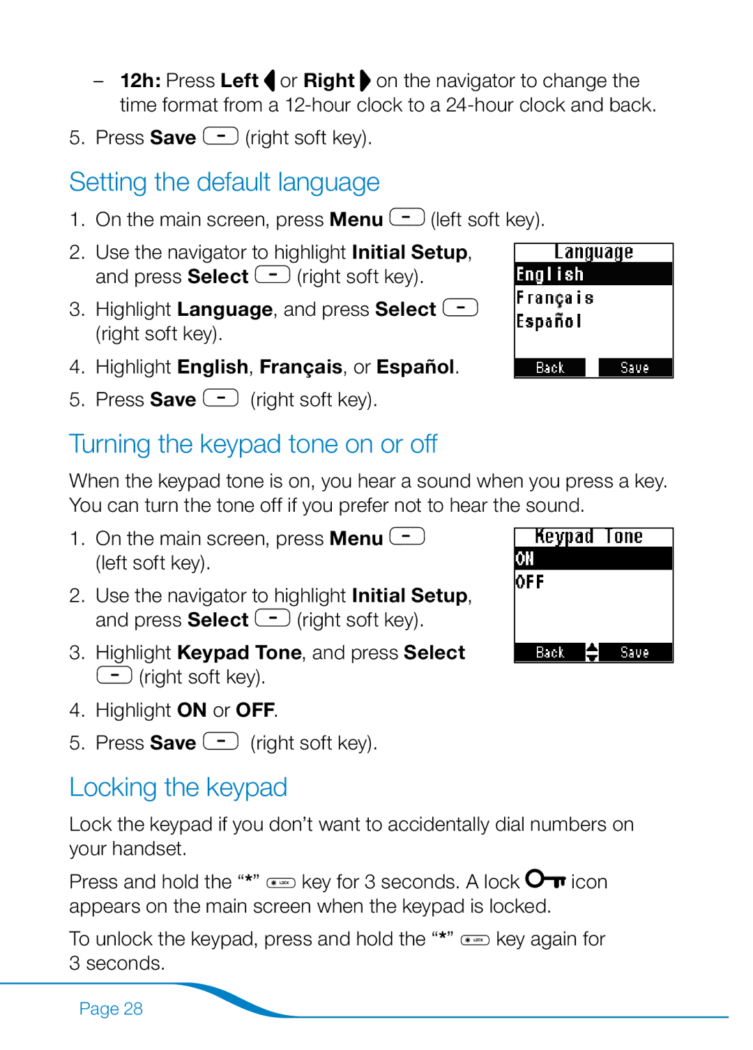 Plantronics 655 manual Setting the default language, Turning the keypad tone on or off, Locking the keypad 