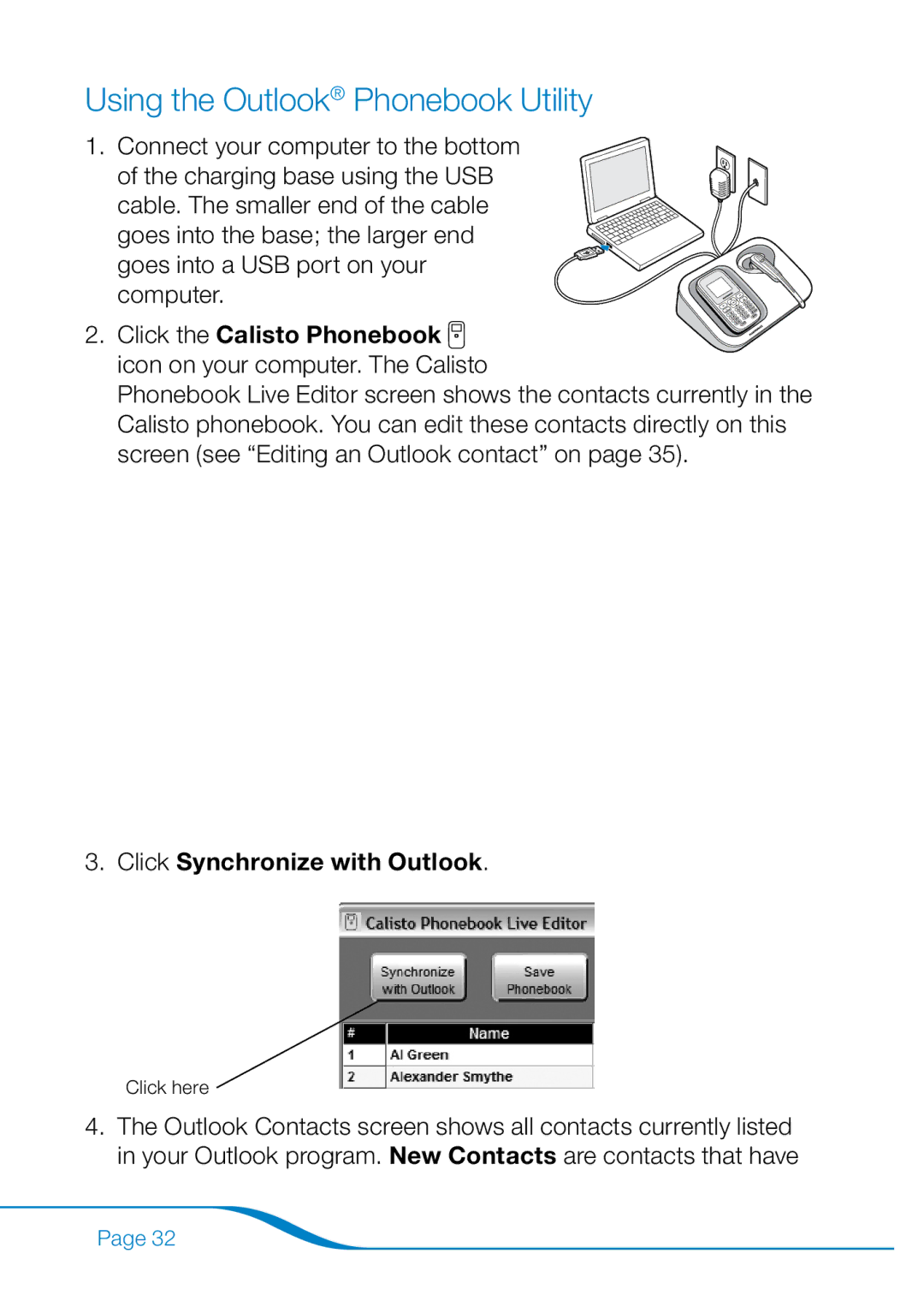 Plantronics 655 manual Using the Outlook Phonebook Utility, Click Synchronize with Outlook 