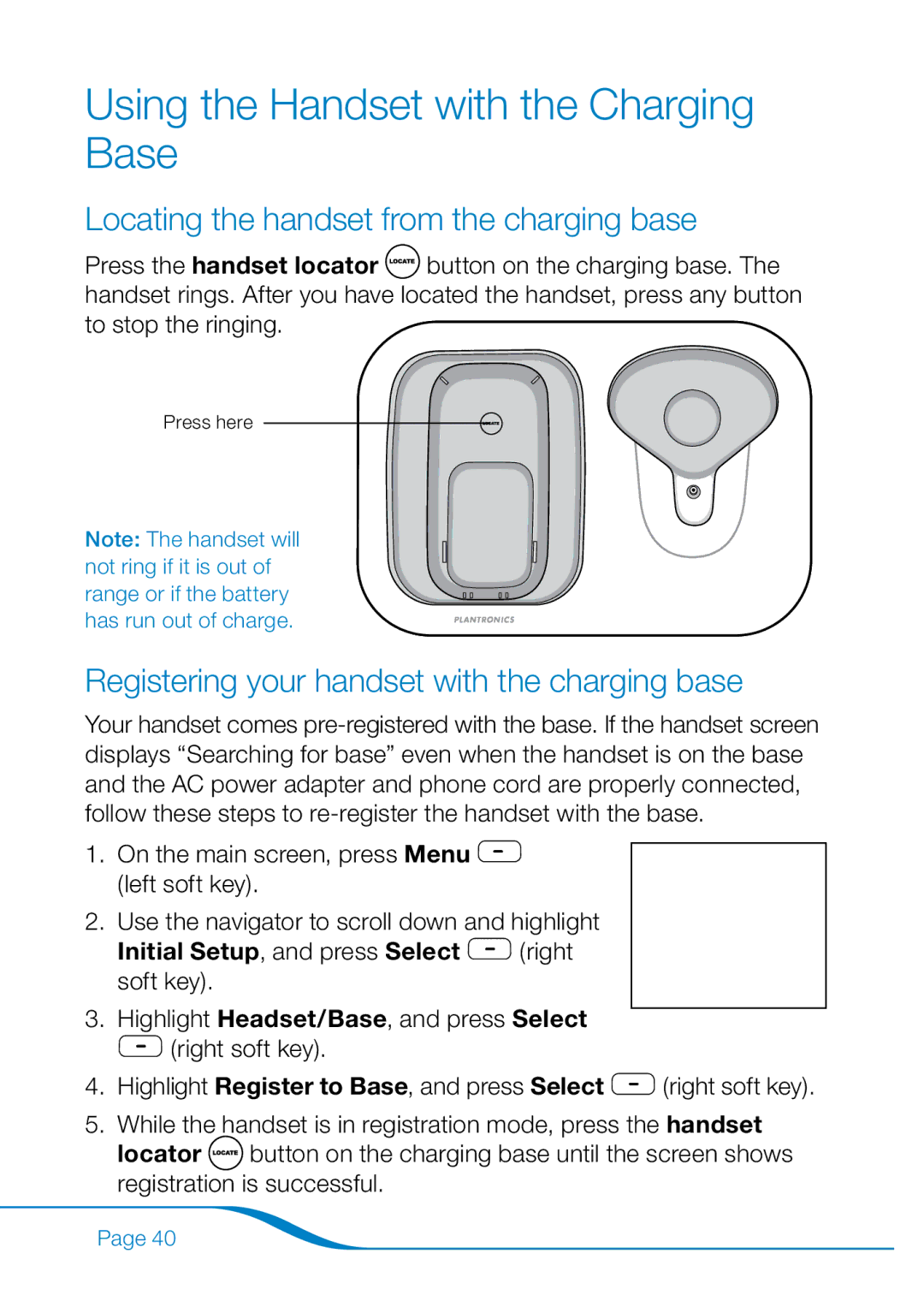 Plantronics 655 manual Using the Handset with the Charging Base, Locating the handset from the charging base 