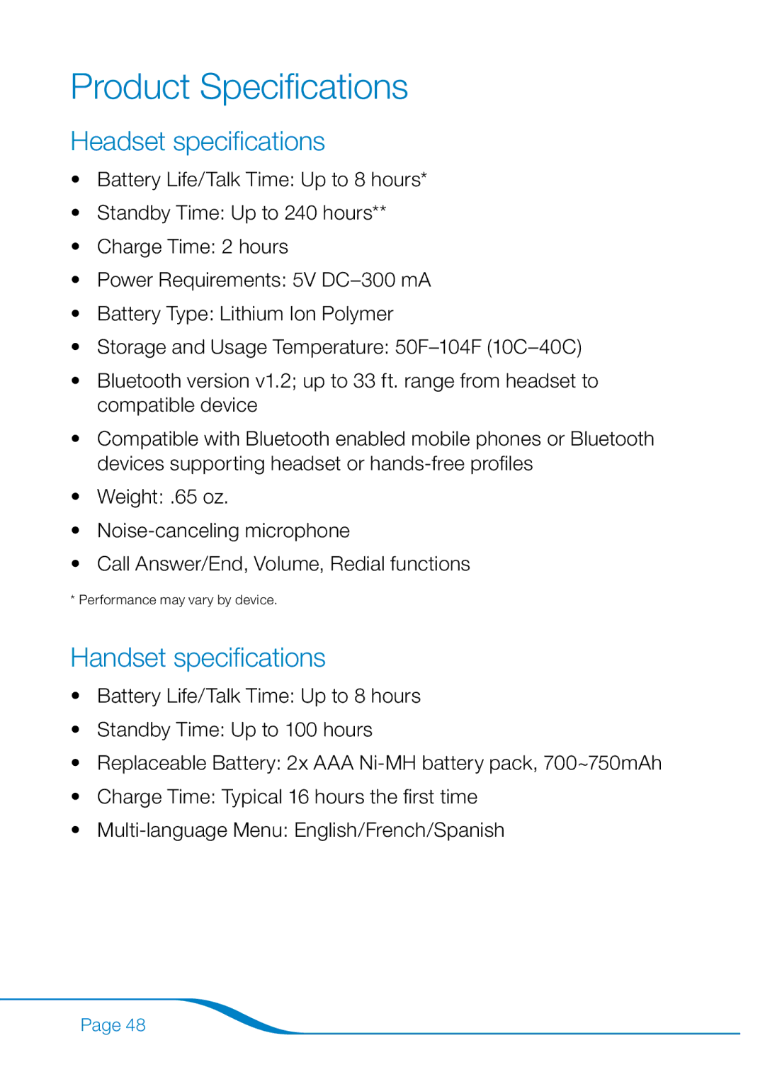 Plantronics 655 manual Product Specifications, Headset specifications, Handset specifications 