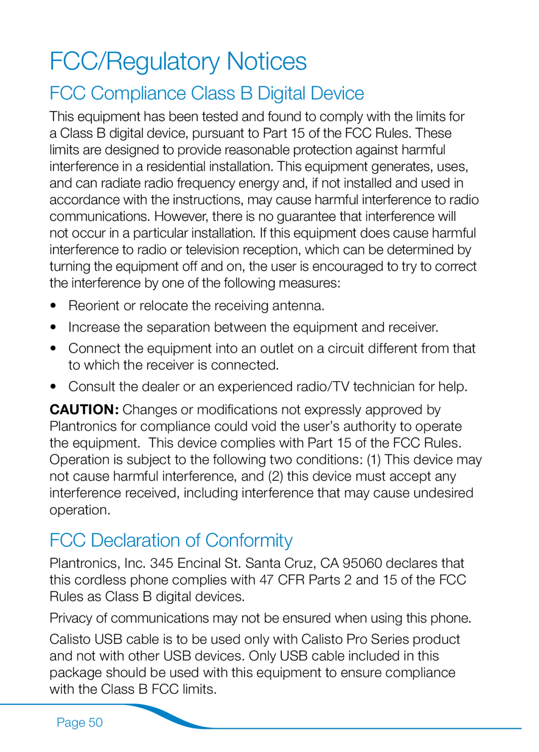 Plantronics 655 manual FCC/Regulatory Notices, FCC Compliance Class B Digital Device, FCC Declaration of Conformity 