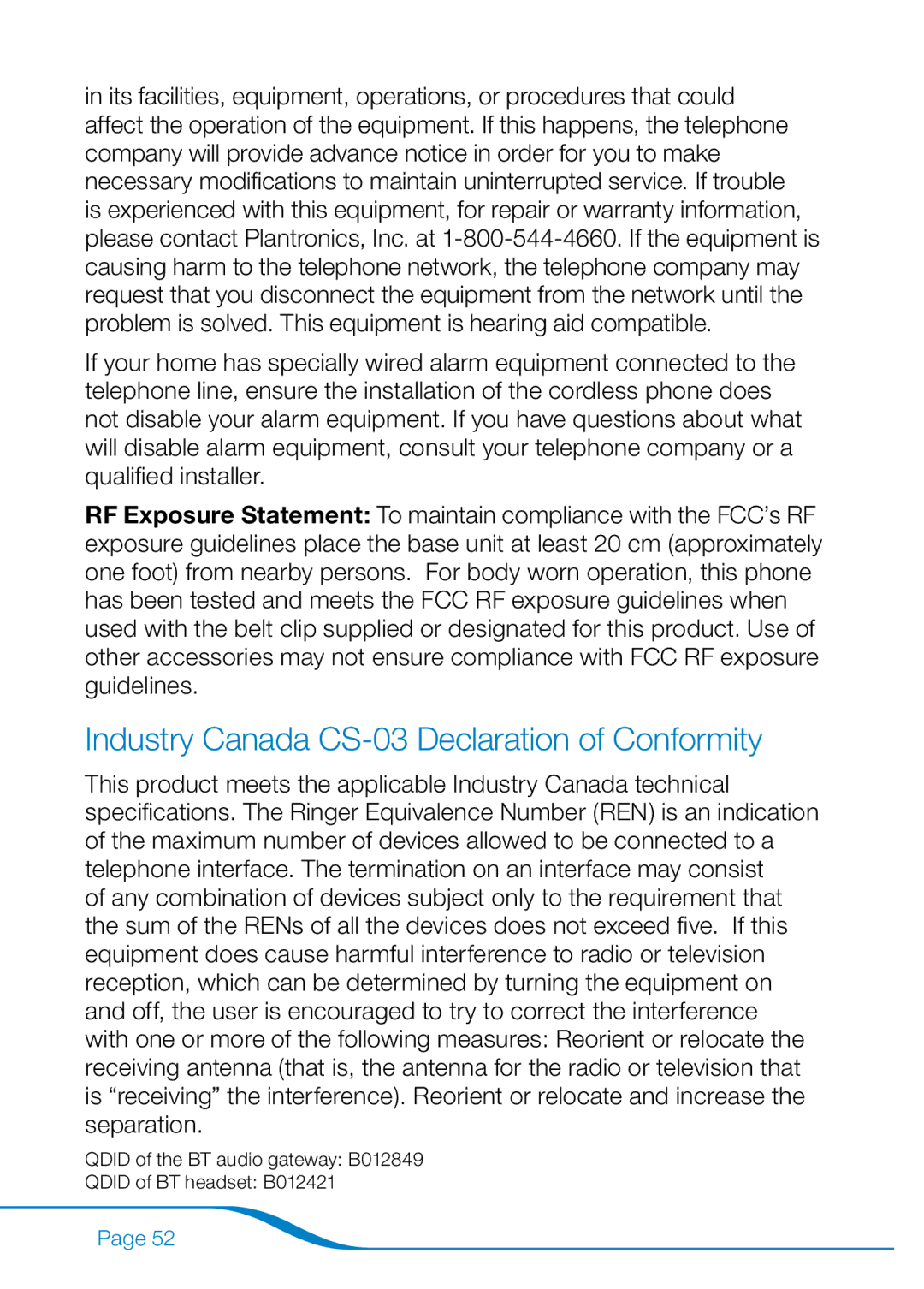 Plantronics 655 manual Industry Canada CS-03 Declaration of Conformity 