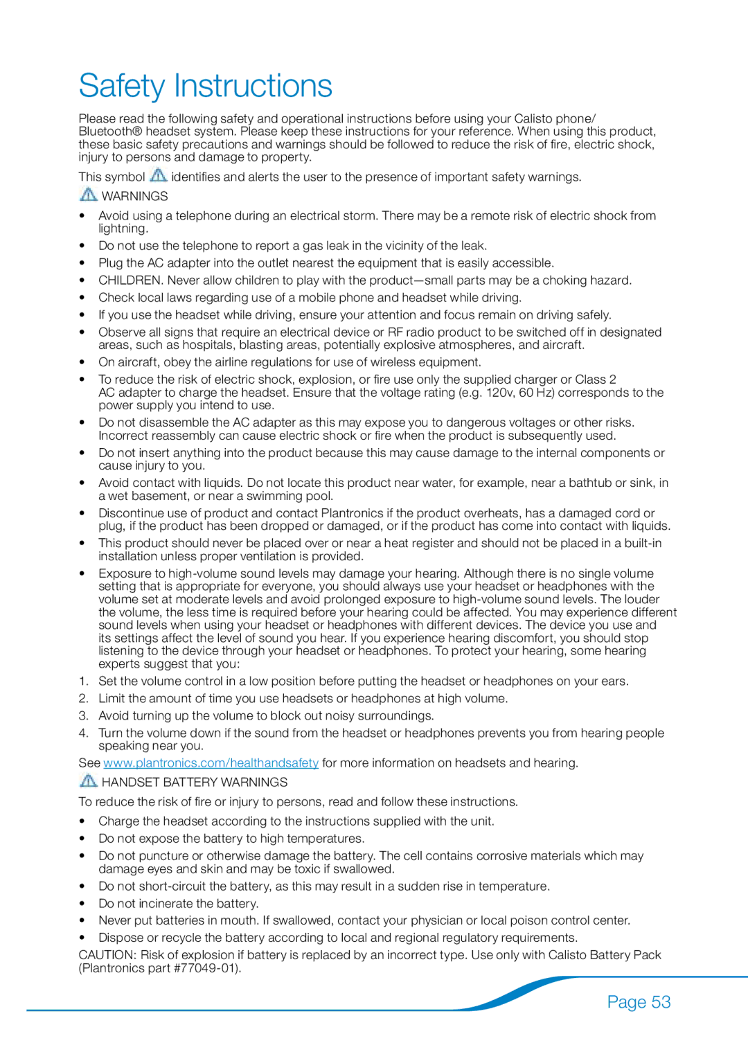 Plantronics 655 manual Safety Instructions 