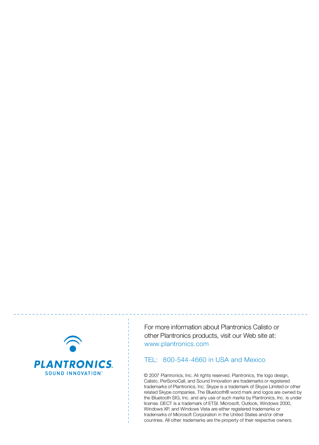 Plantronics 655 manual TEL 800-544-4660 in USA and Mexico 