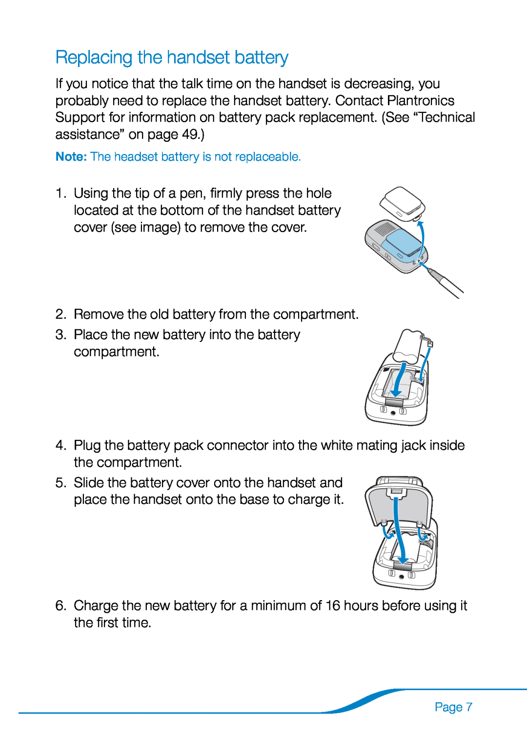 Plantronics 655 manual Replacing the handset battery 