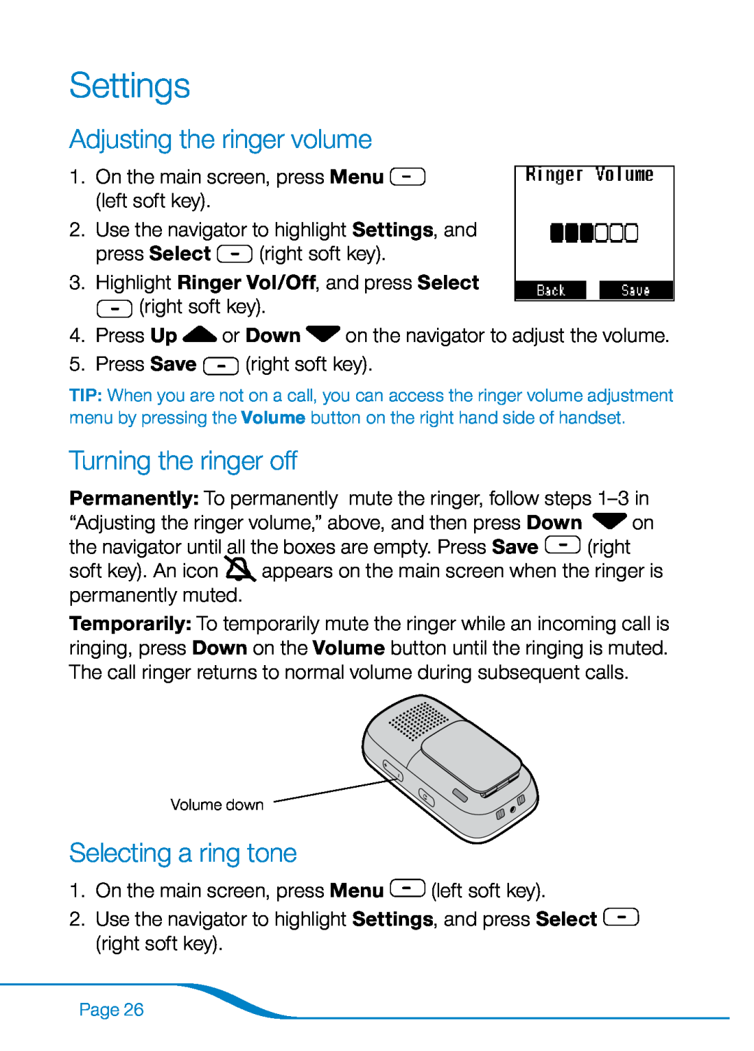 Plantronics 655 manual Settings, Adjusting the ringer volume, Turning the ringer off, Selecting a ring tone 