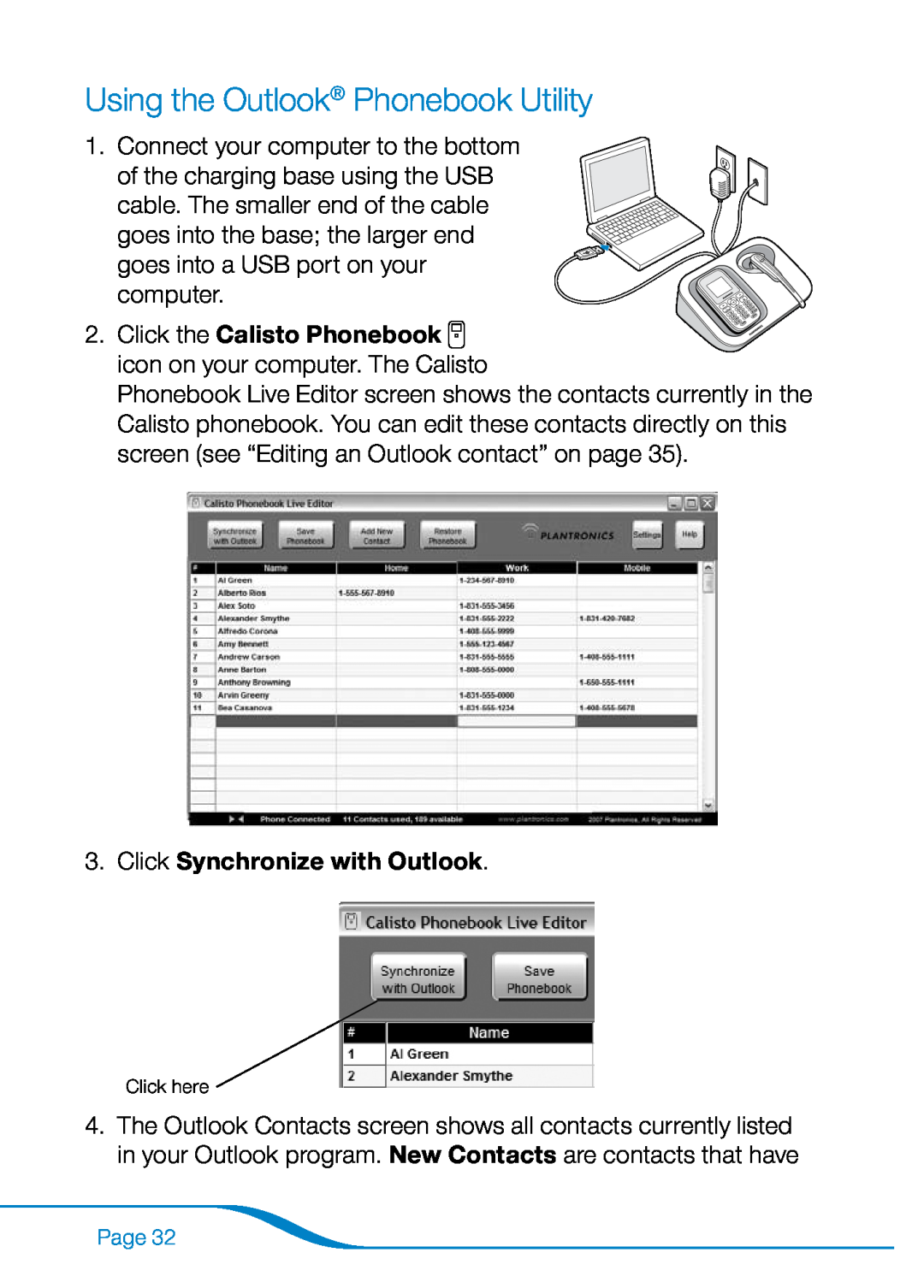 Plantronics 655 manual Using the Outlook Phonebook Utility, Click Synchronize with Outlook 