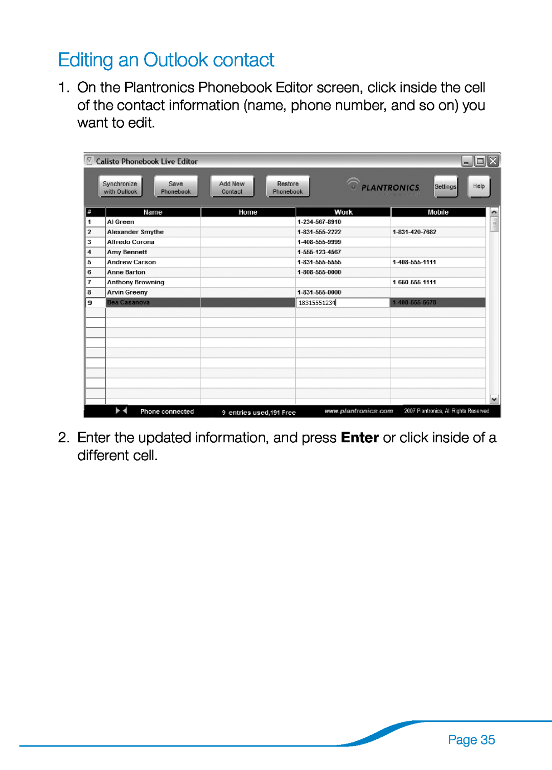 Plantronics 655 manual Editing an Outlook contact 