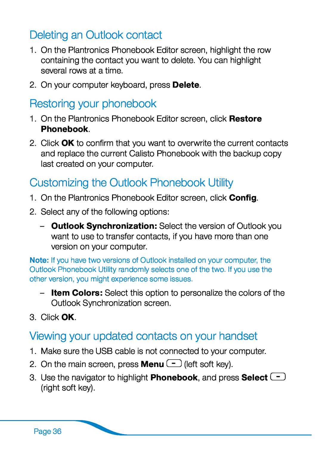 Plantronics 655 manual Deleting an Outlook contact, Restoring your phonebook, Customizing the Outlook Phonebook Utility 